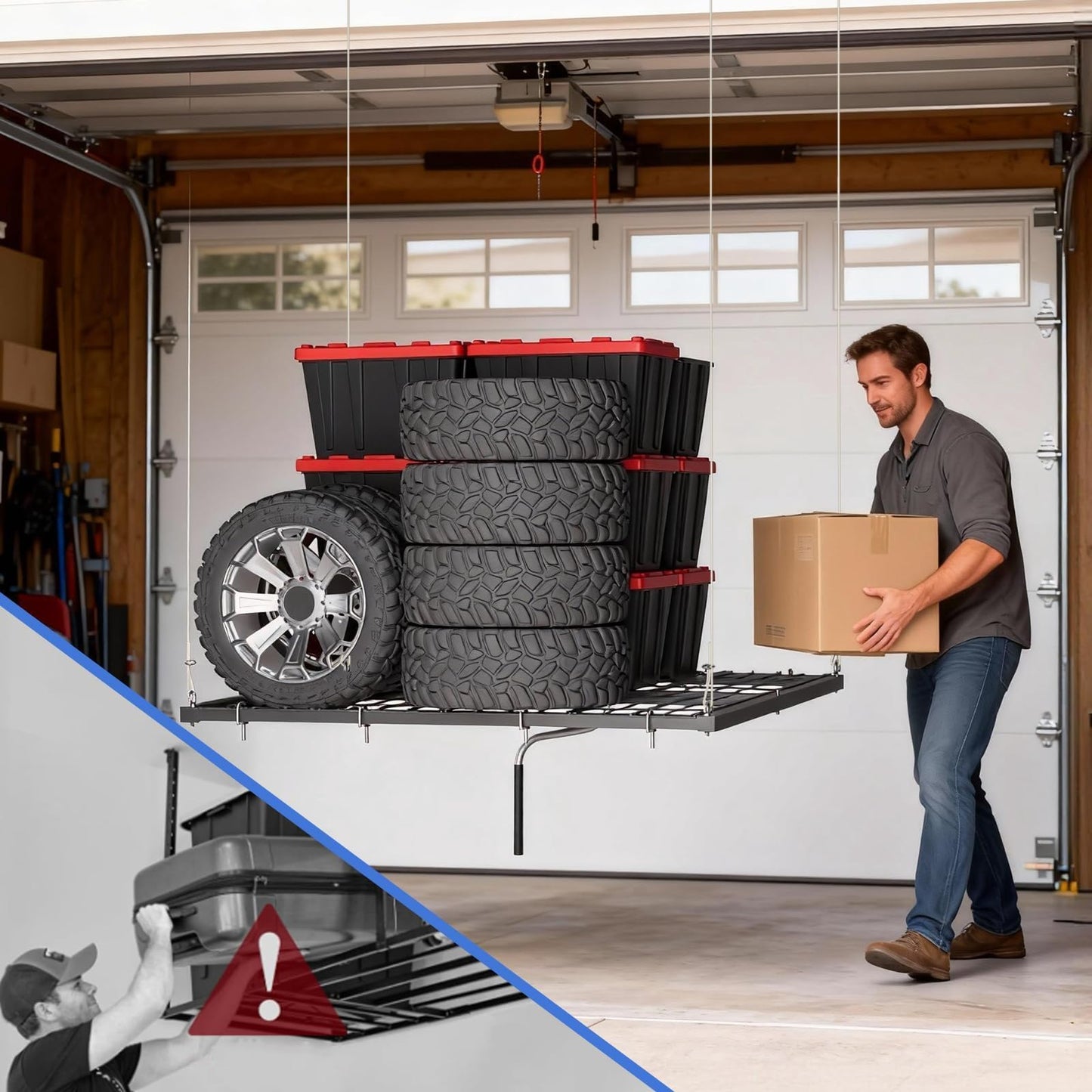 Patikuin Garage Ceiling Storage Rack,Storage Elevator for Garage,4x4 ft Overhead Lift Storage with 350 Lb Capacity,Smooth Crank System, Space-Saving Design for Garage Organization