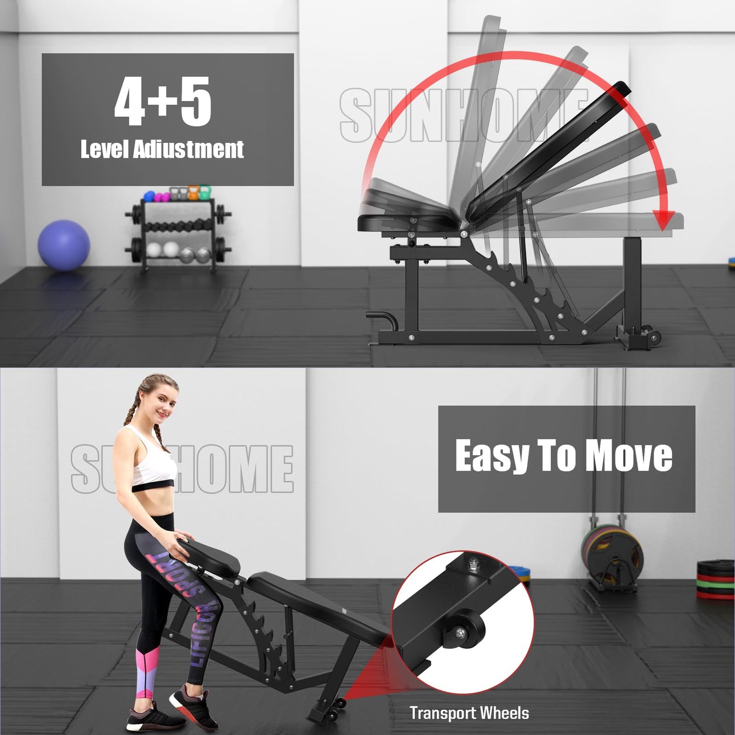 SunHome Multifunction Home Gym Equipment Workout Station, Smith Machine with 138LB Weight Stack and Bench, Leg Press, LAT Station for Full Body Training