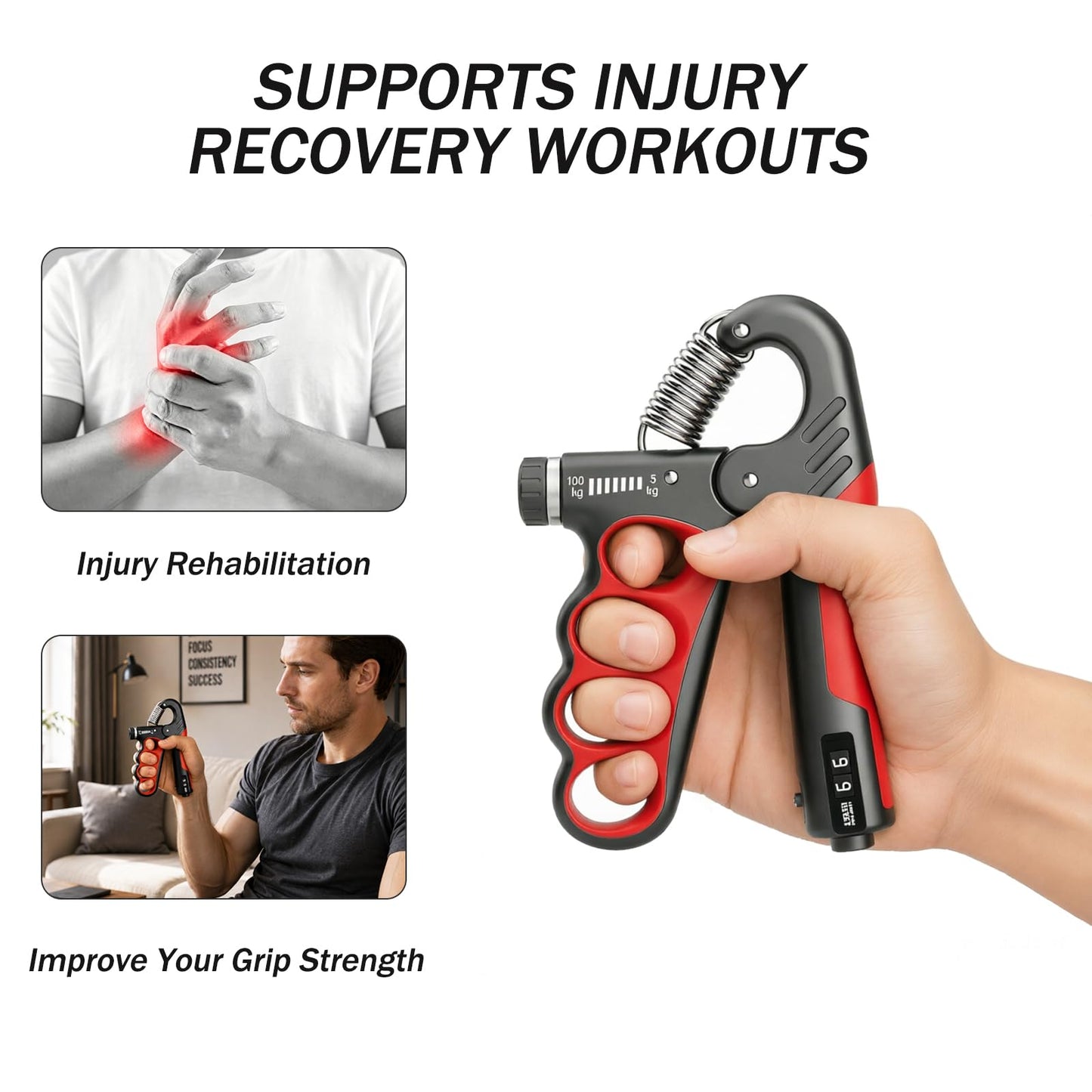 Grip Strength Trainer,11-220LBs Adjustable Resistance Grip Strength Trainer with Counter,Ergonomic Design, Forearm Strengthener for Injury Recovery and Muscle Building