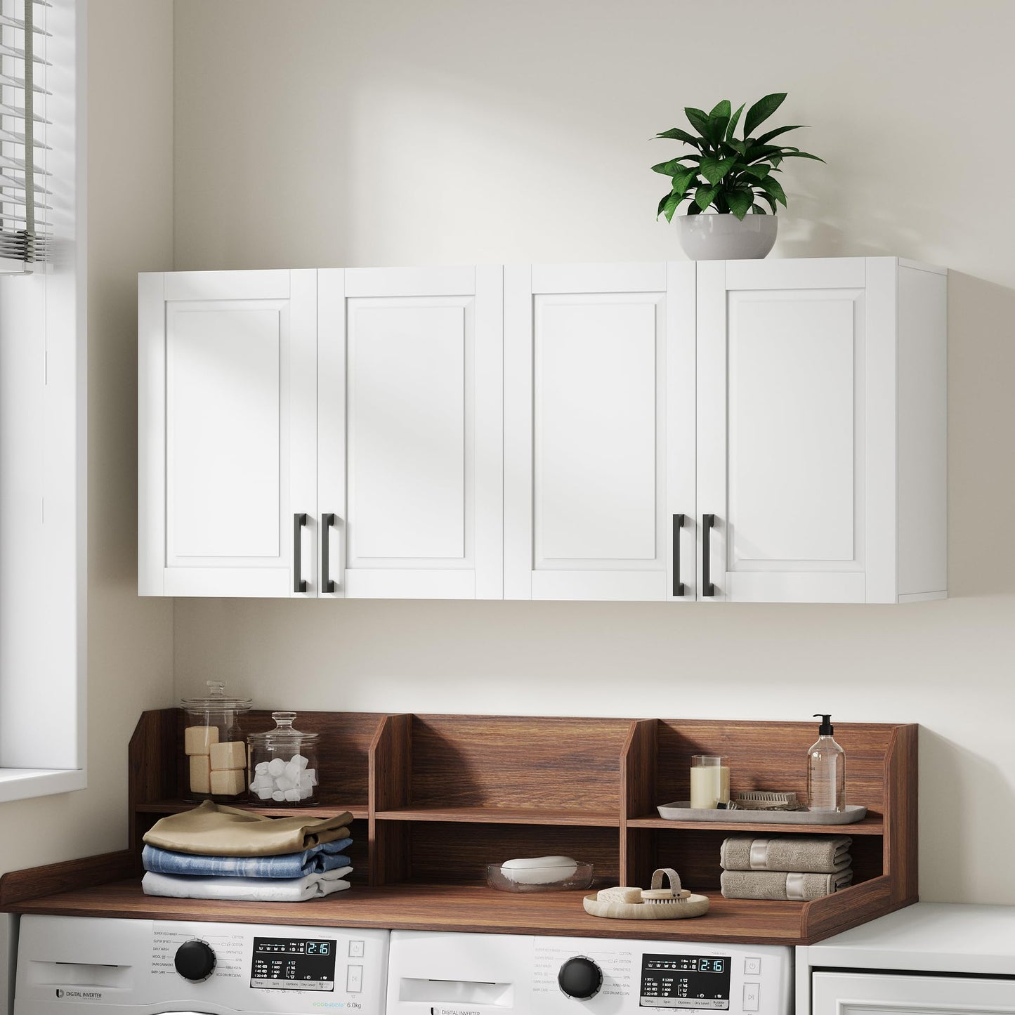 ChooChoo Laundry Room Cabinets, 4 Doors Wall Mounted Storage Cabinet, Kitchen Wall Storage, Bathroom Wall Cabinet, White