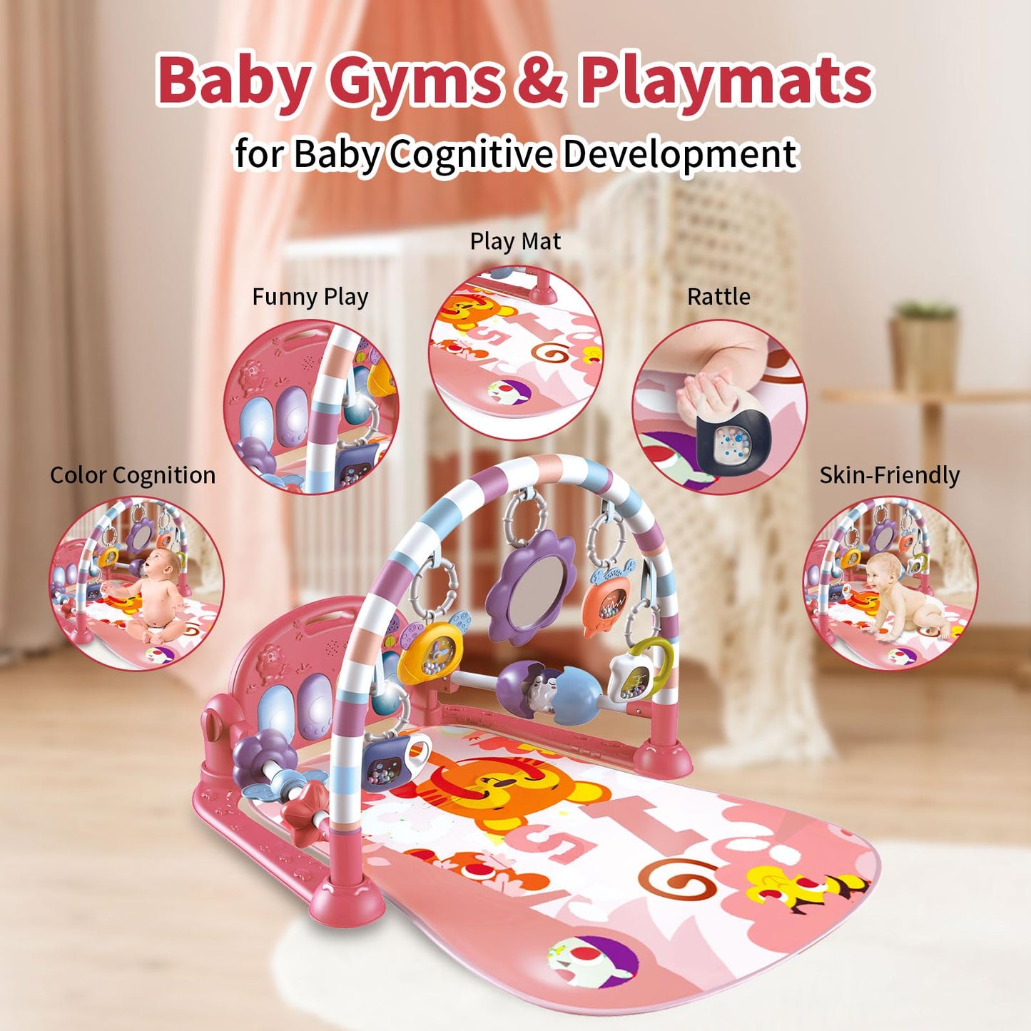 Baby Gym Play Mat, Piano Kick and Play Lights and Music Tummy Time Toys Infant Musical Activity Gym Mat for Visual, Hearing, Sensory, Gift Suitable for Newborns Aged 0 to 3 6 9 12 Months (Pink)