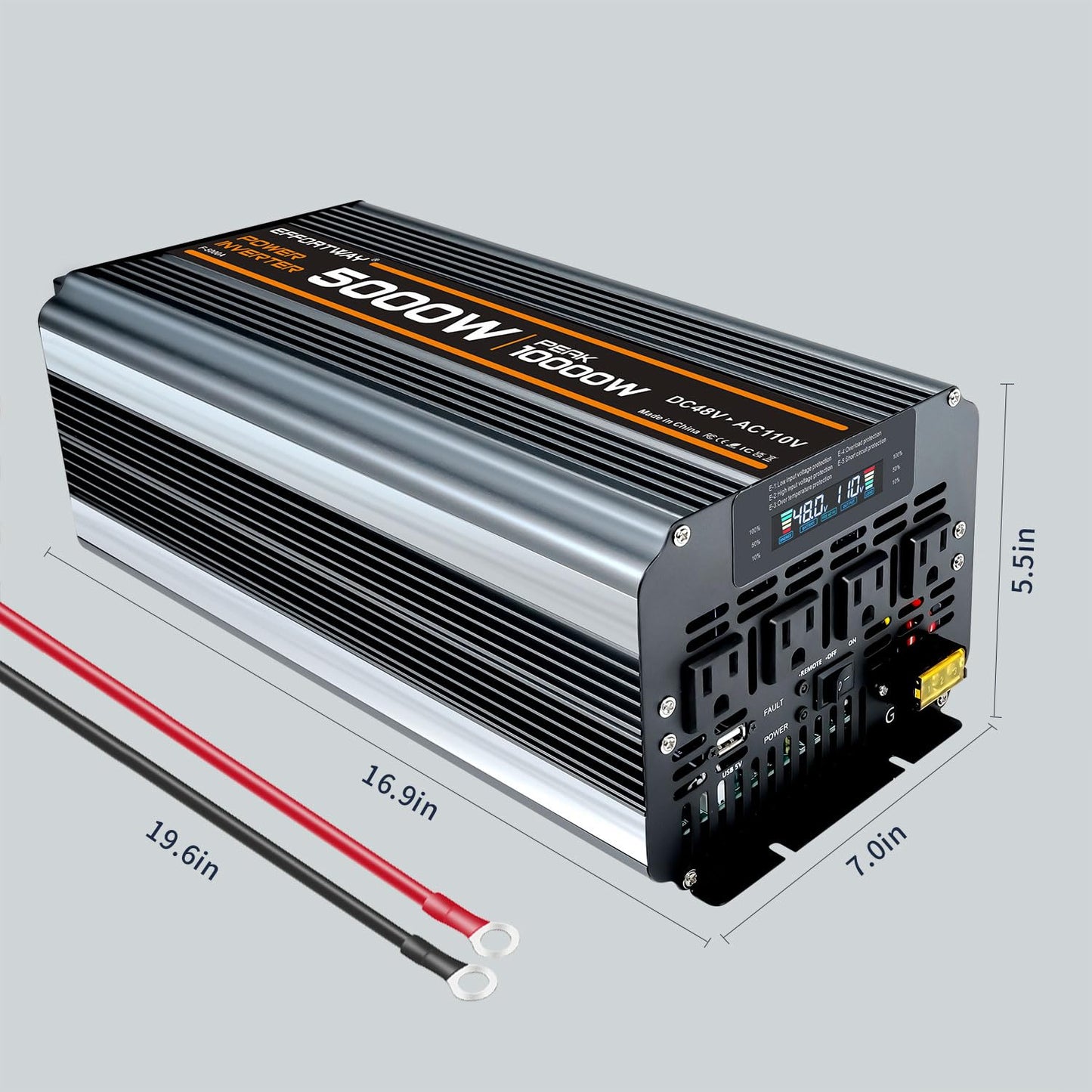 EFFORTWAY Power Inverter DC 48V to AC 110V/120V Converter with LCD Display, Wireless Controller, Cable Pair,AC outlets USB.RV Travel,Suitable for Camping,and Off-Grid Solar Systems (5000w -48v)