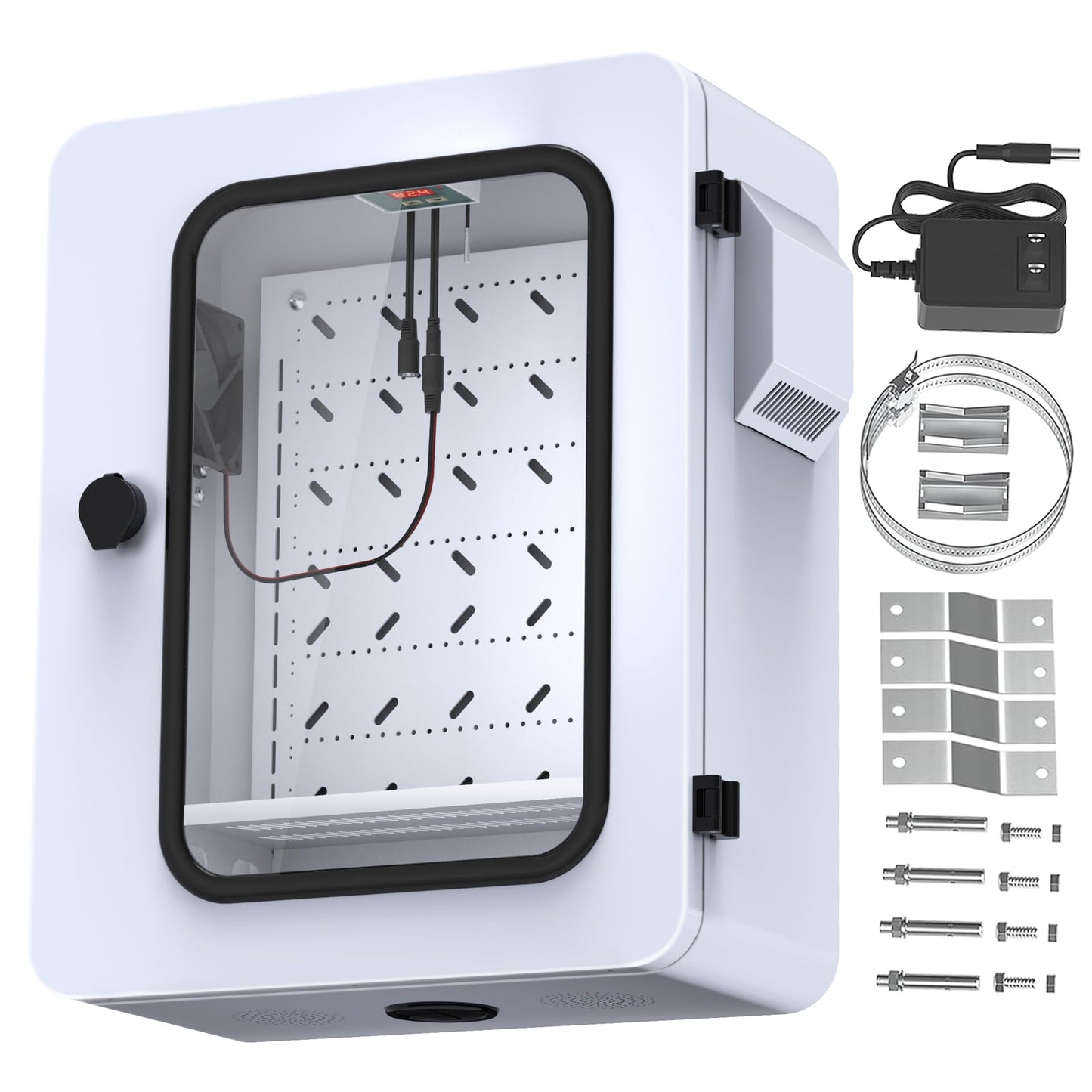 Akwscyby Outdoor Electrical Box with Thermostat and Fan and Clear Window, Precise Temperature Control 0.1°F, IP65 Water Resistant Rating, Galvanized Steel, Aluminum Rear Beam(19.7" x 17.7" x 8.0")