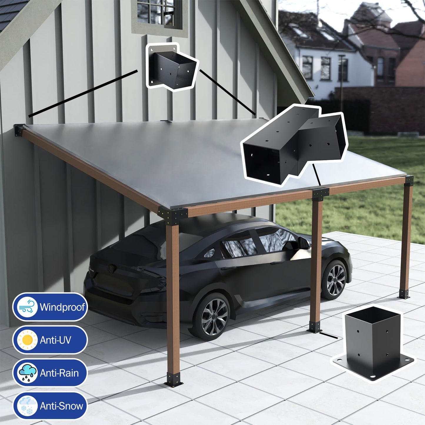 Pergola Kit, 15° 4-Way Slanted Roof Pergola Bracket Set, PowderCoated Roof Wall Mount Pergola Brackets 4" x 4" (Actual: 3.5x3.5 Inch), Pergola Hardware for Porch Gazebo Backyard (3 pcs), Black