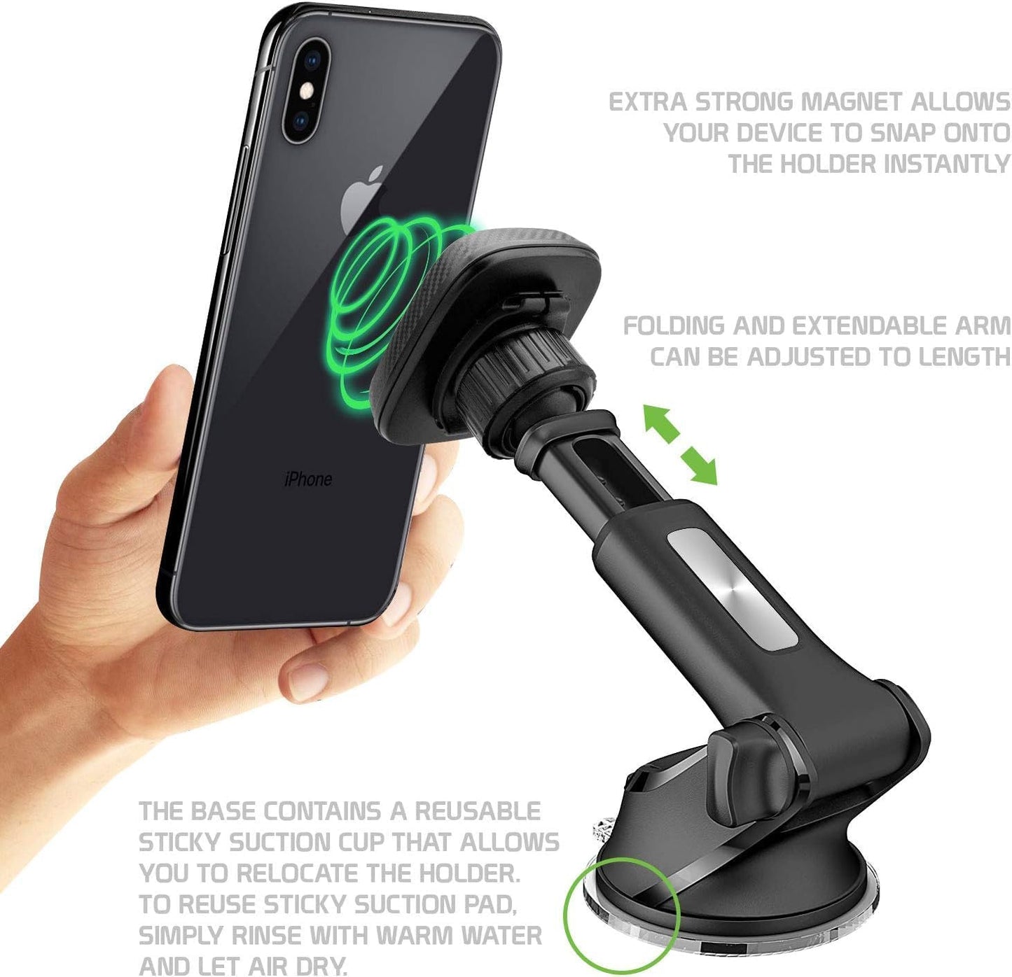 CarsMinders 360 Magnetic Phone Mount for Car Industrial Suction Cup Dashboard & Windshield Holder with Telescopic Arm