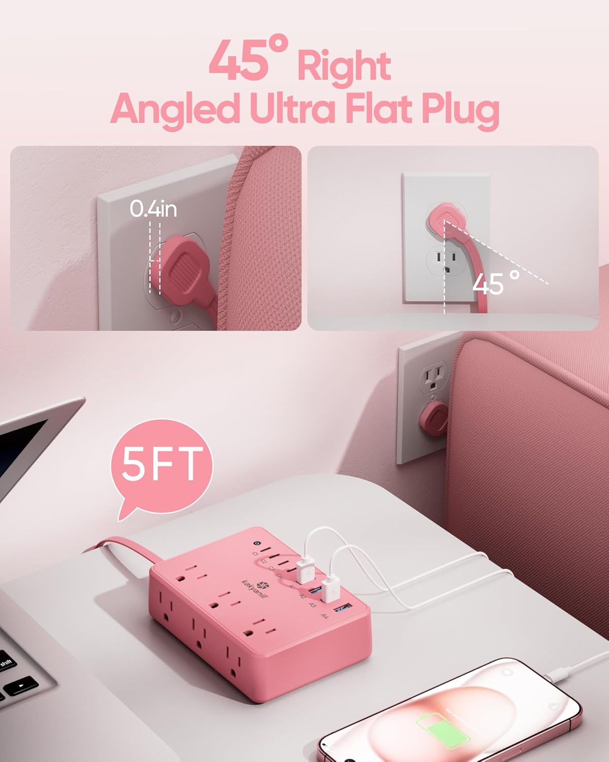 kakyanill 6 8 Ports(4 2000J 5ft Pink Power Strip, AC Outlets USB USB C) with Surge Protector, Flat Plug Pink Extension