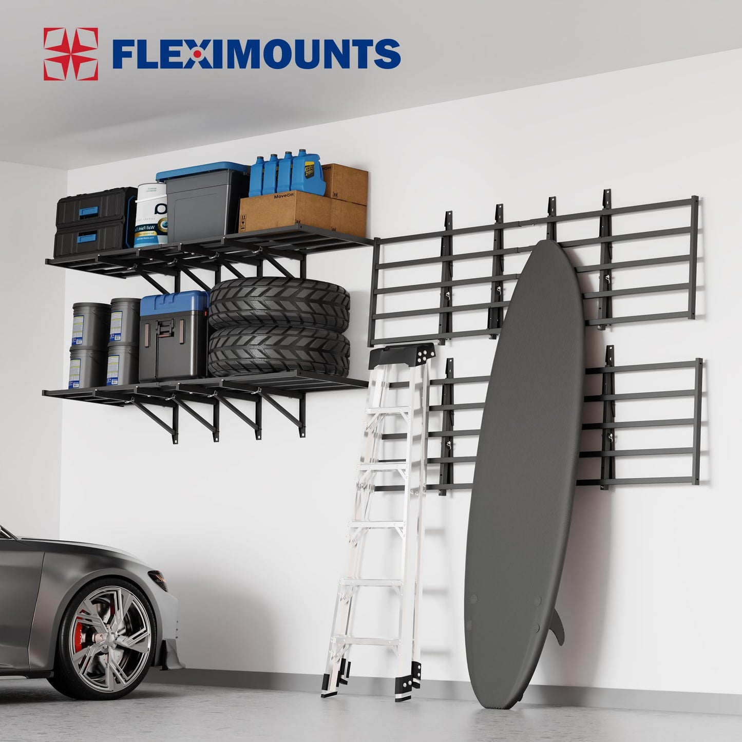 FLEXIMOUNTS Fold-Down 2x6ft Garage Wall Shelving, 2-Pack Heavy Duty Folding Garage Shelving Wall Mounted, 1800 lbs Capacity, Storage for Power Tools, Garden Supplies & Seasonal Storage, Lite Series