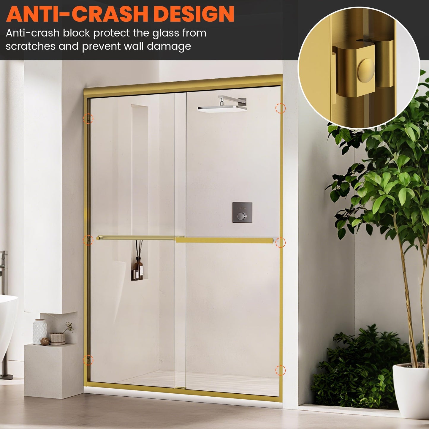 Bathroom Shower Sliding Door, 50"-54" W×72" H Framed Fixed Door for Shower Enclosure, 1/4"(6mm) Thick Clear Tempered Glass with Handles, Brushed Gold Finish
