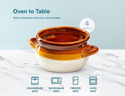 KooK French Onion Soup Bowl Set - Oven Safe Ceramic Crocks with Handles | 16oz & 18oz Capacity, Set of 4