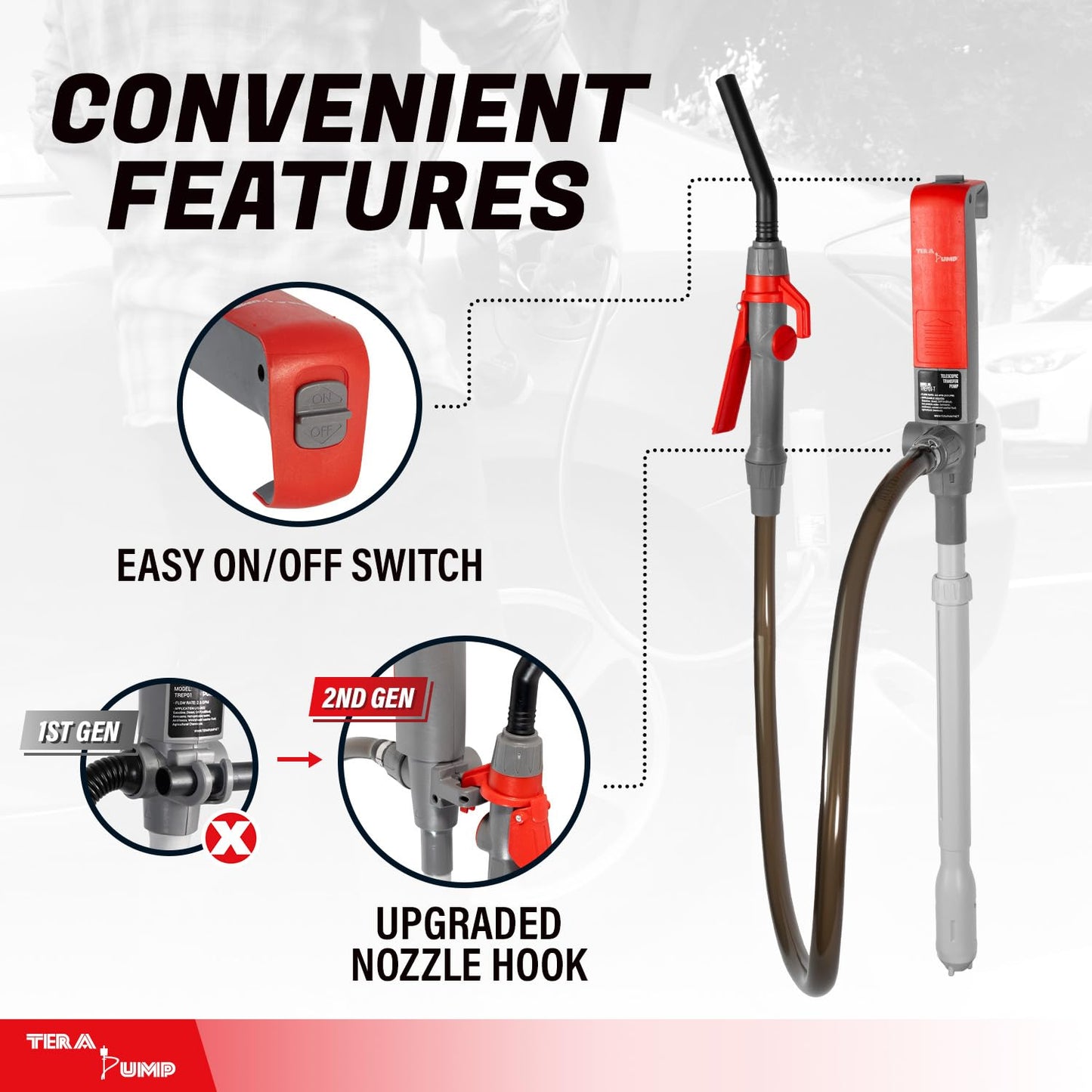 TERA PUMP [2PK] TREP01-T Multipurpose Battery Powered Fuel Pump with Quick Stop Nozzle for E85, Diesel, DEF, Kerosene - Gas Liquid Transfer Pump with Telescopic Suction (2.6 GPM, 360 Swivel Nozzle)
