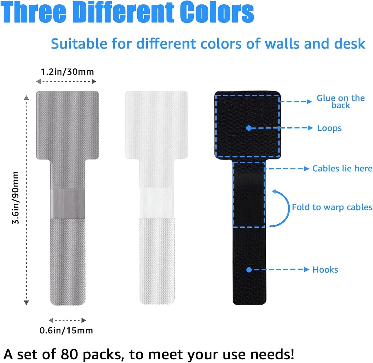 BTPIEL 80PCS Hook and Loop Cable Ties, Under Desk Cable Management, Adhesive Cable Straps, Cord Management Hider Idea