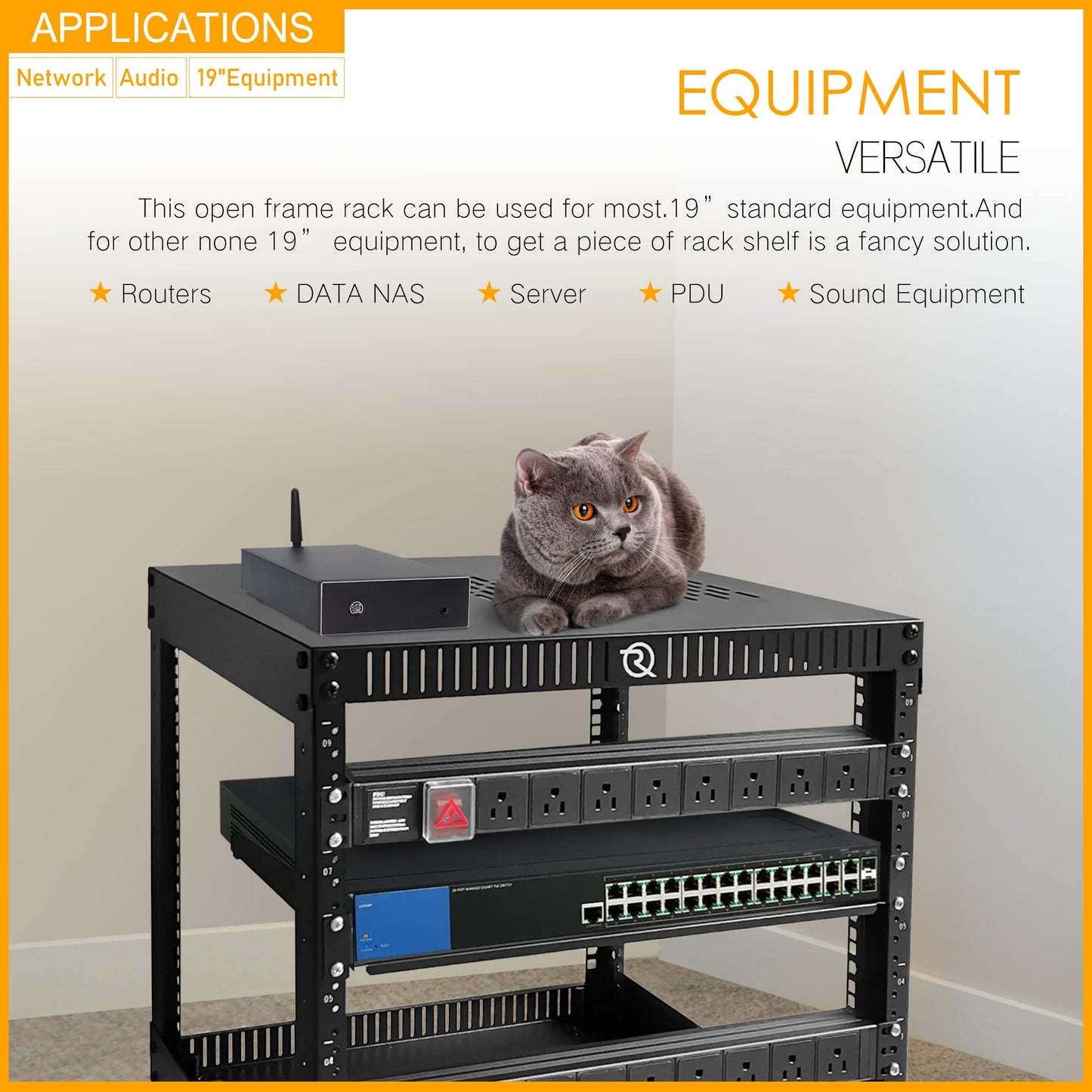 RIVECO 6U Network Rack with Top & Bottom Vented Plates- 4 Rolling Wheels Floor Standing Rack for 19" Equipment & Stereo Gear- Including Basic Rail Mount PDU Power Strip & M5 Screws 50 Sets