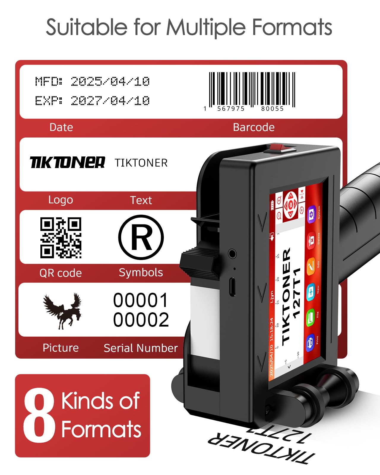 TIKTONER 127T1 Handheld Inkjet Printer - Portable Handheld Printer for Text/Logo/QR Code/Barcode/Date/Batch Number/Serial Number, Inkjet Coding Machine for Cardboard/Metal/Plastic/Ceramic/Wood/Fabric