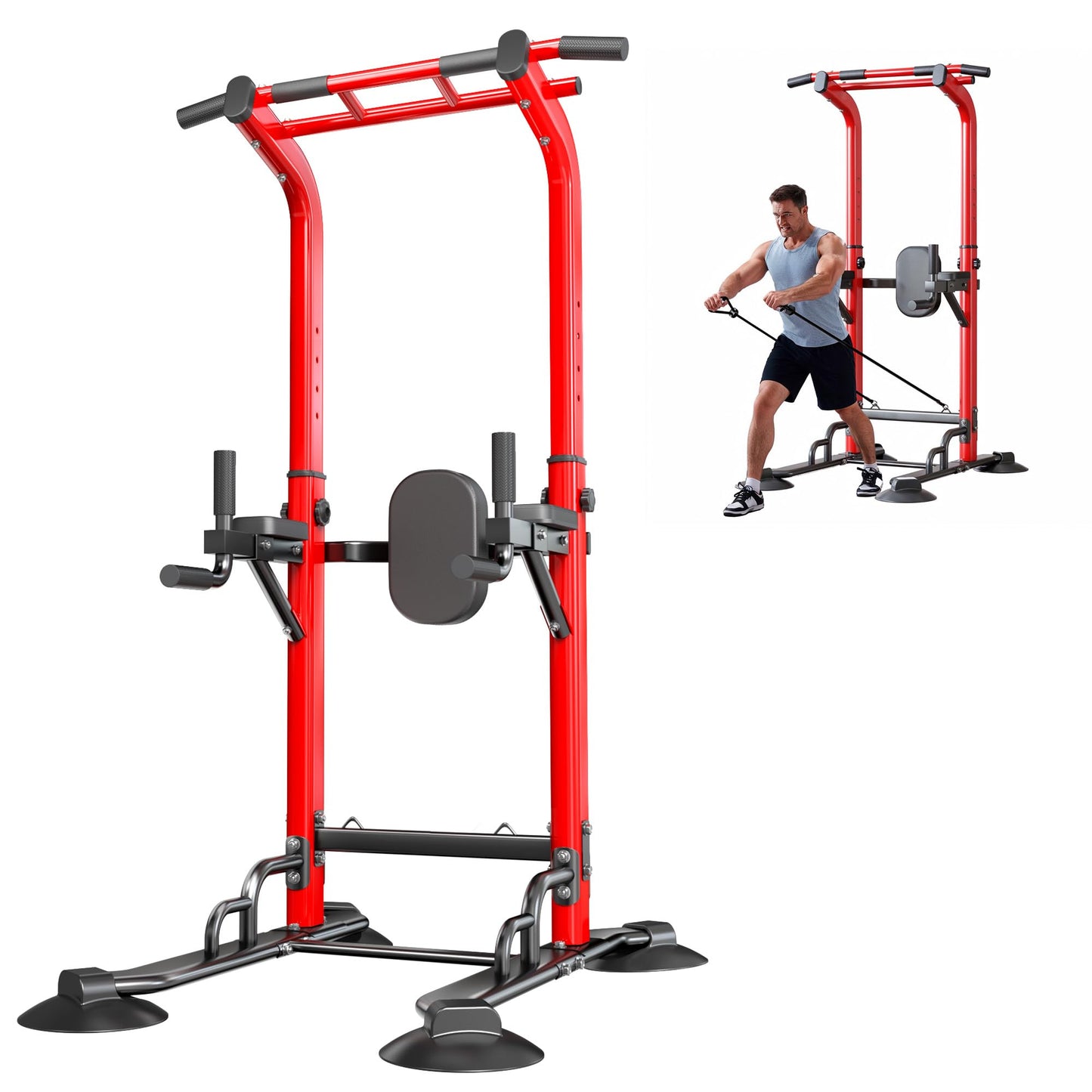 SogesPower Power Tower Pull Up Bar Station, 12-Level Adjustable Multi-Function Pull Up Dip Station for Home Gym, Pull Up Bar Stand Dip Bar Strength Training Fitness Equipment, Red with Resistance Bands