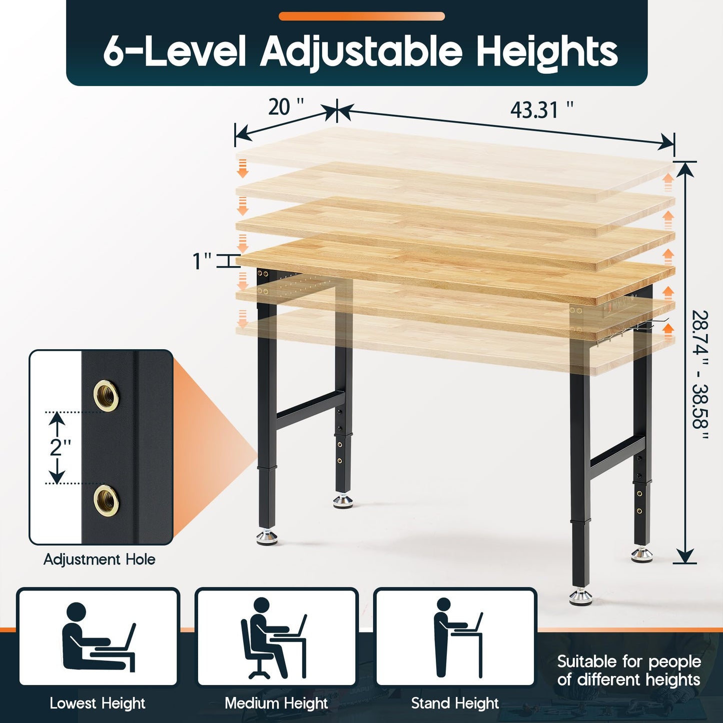 Albott 44x20 in Adjustable Workbench with Power Outlets, 2000 LBs Heavy Duty Wood Workbench with Hooks, Solid Rubber Wood Top for Garage, Workshop, Woodworking, Home Office