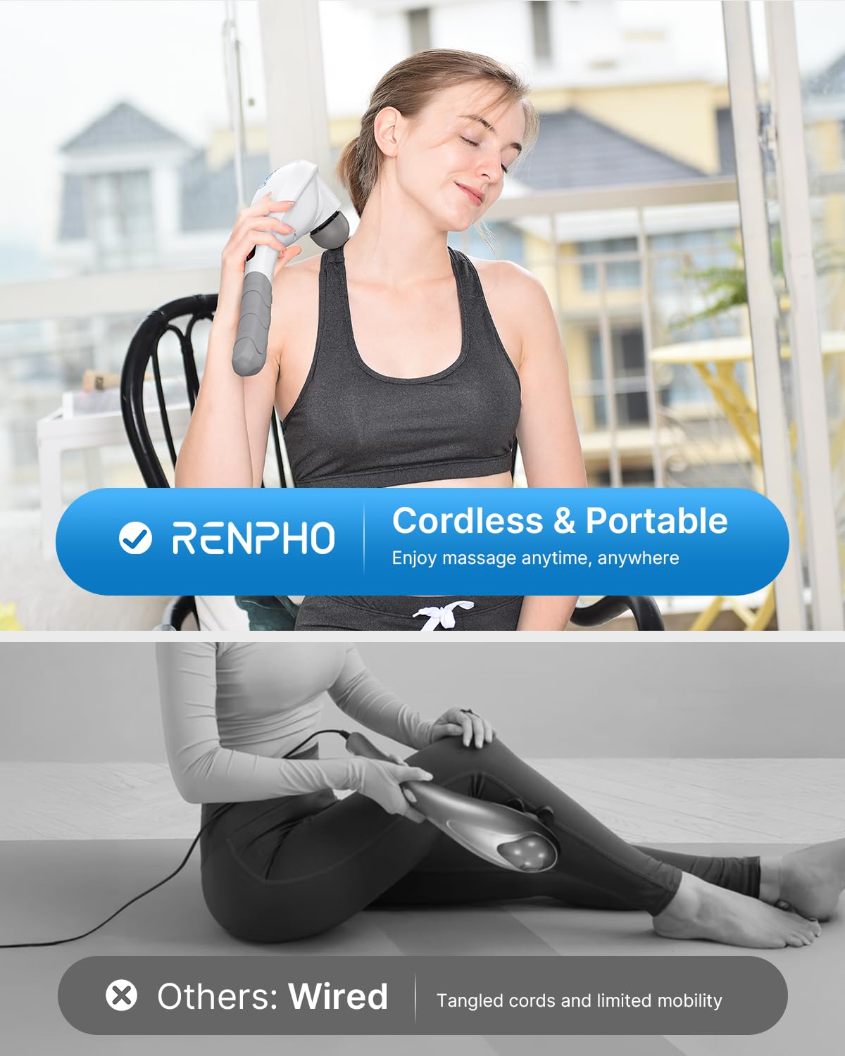 RENPHO Rechargeable Handheld Back Massager with 5 Adjustable Speeds & Modes, Fathers Day Dad Gifts, Cordless Electric Neck Massage Tool for Muscle Relief, Tailored Intensity for Shoulder, Leg, Calf