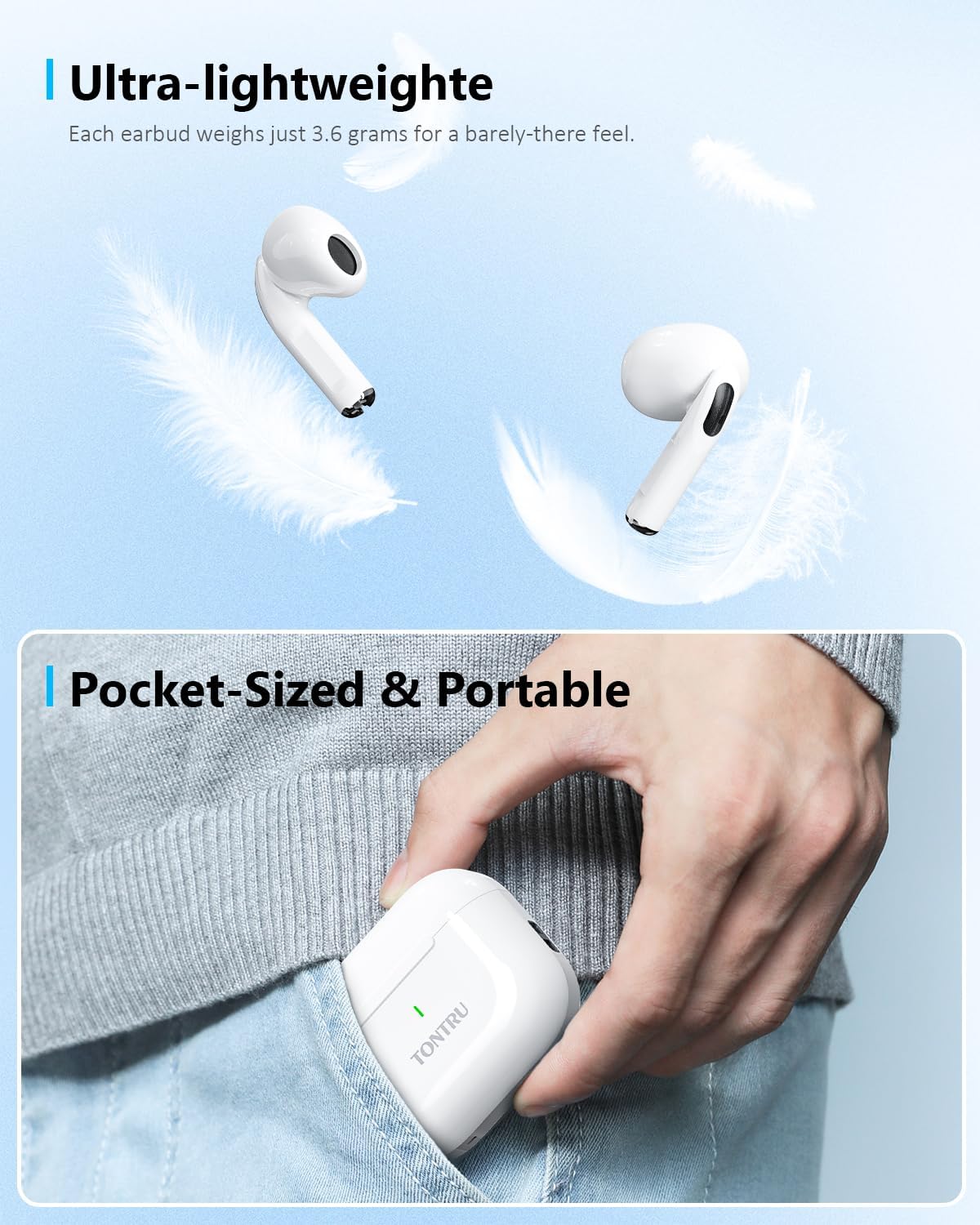 TONTRU 5.3 24H Wireless Headphones, Bluetooth Earbuds, Semi-in Ear with AI Noise Cancelling, Playtime, Ultra-Light