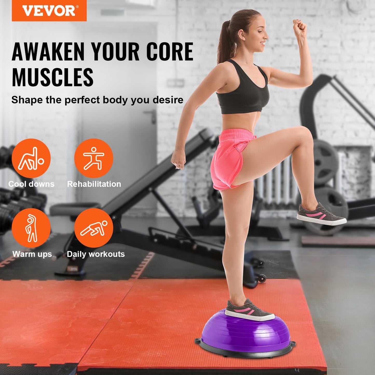 VEVOR 23-inch Half Exercise Ball Trainer, 660 lbs Capacity Balance Ball, Includes Resistance Bands and Pump, Ideal for Full Body Workouts, Yoga, and Strength Training at Home Gym, Purple