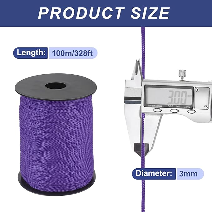 MECCANIXITY 1/8 Inch Polypropylene Rope Braided Ropes, 328ft Nylon Rope Hollow Utility Cord for Clothesline, Camping, Hiking, Outdoor, Dark Purple