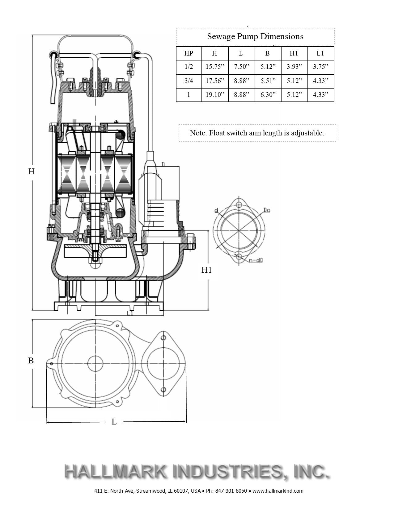 Hallmark Industries MA0387X-9 Sewage Pump with Float Switch, 1 HP, 115V, 7,250 GPH Max, 49 ft Lift, Stainless Steel