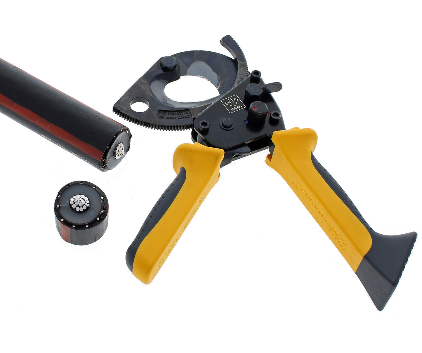 IDEAL Electrical 35-053 Ratcheting Cable Cutter 750 MCM, Wire Cutting Tool w/Steel Rounded Blade, Quick Release Handle
