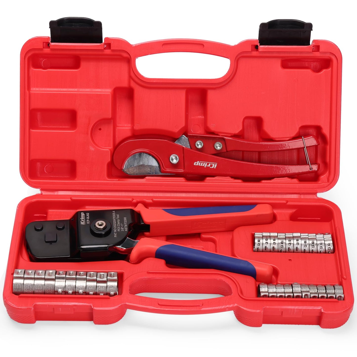 iCrimp One-Hand Crimping Tool Meets ASTM F2098, PEX Clamp Cinch Tool Kit with 20PCS 1/2-in, 10PCS 3/4-in PEX Clamps and Pipe Cutter- All in One