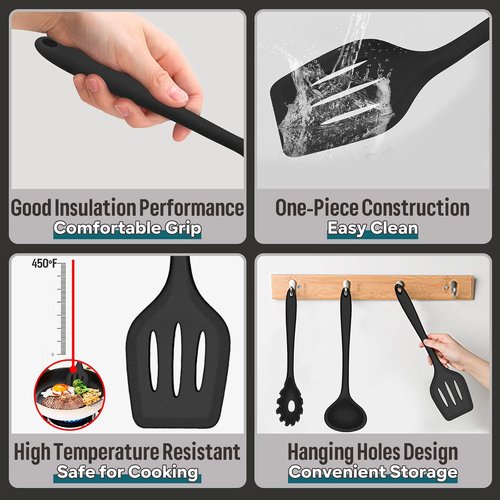 E-far Silicone Cooking Utensils Set - 7-Piece Heat Resistant Nonstick Kitchen Tools | Black, Non-Toxic & Dishwasher Safe