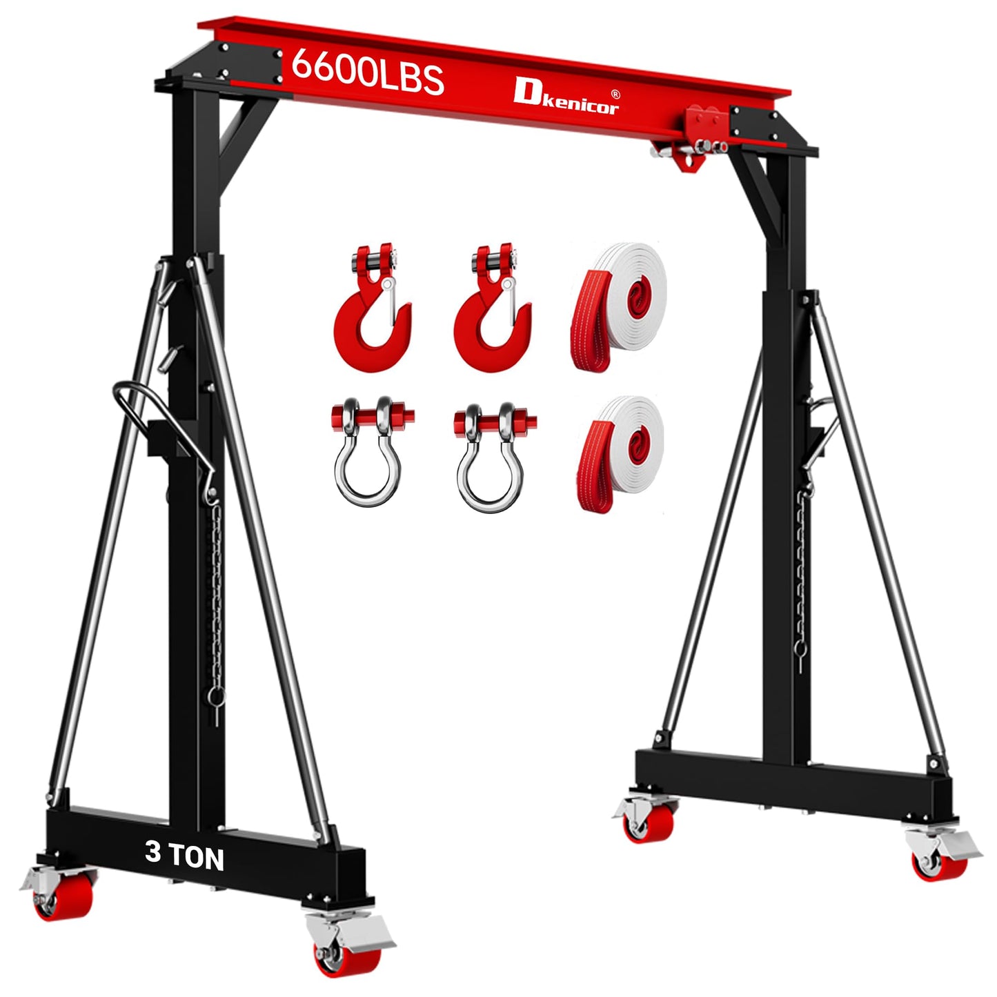 Dkenicor 3 Ton 6600Lb Gantry Crane, 9.06FT Maximum Width, 8.53-12.47ft Adjustable Height, Portable Shop Lift Hoist with 3 Ton Manual Trolley, Red