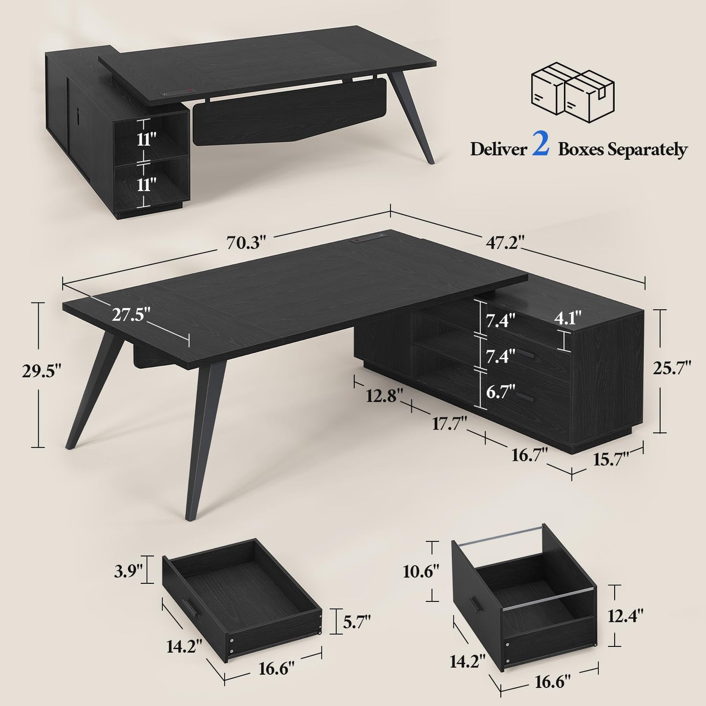 70.3 inch L Shaped Executive Desk with Power Outlets, Large Home Office Desk with Storage Drawers and File Cabinet, Modern Computer Desk with Shelves, Black Business Furniture, Square Tapered Legs