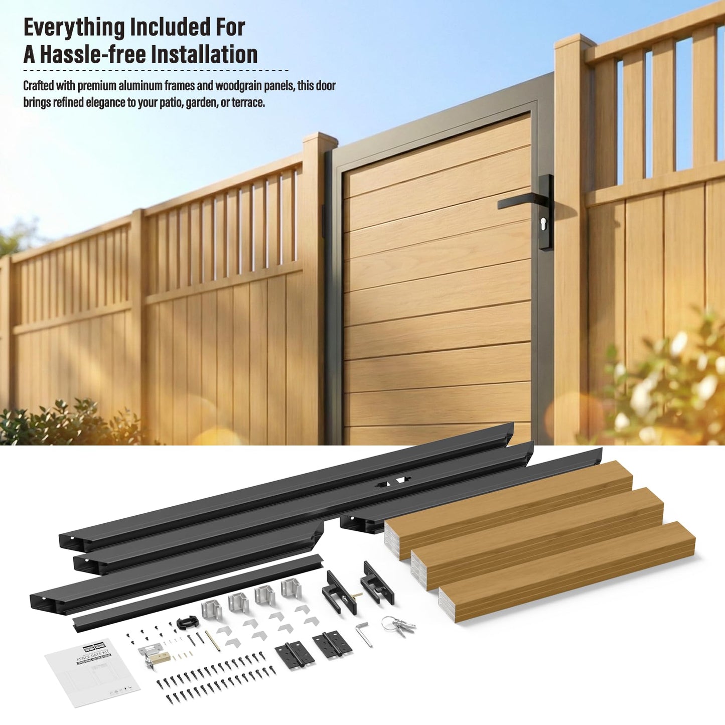 Brukid 3x4 FT Aluminum Fence Gate Kit Wood Grain Aluminum Gate with Decorative Cutout, Lock & Hinges, Left/Right Opening, Weather Resistant for Yard Garden Patio