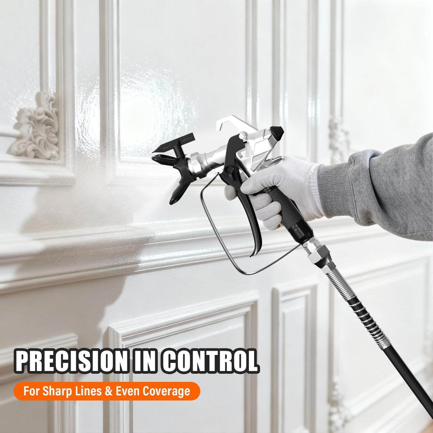 Airless Paint Sprayer - High Efficiency Thinning-Free Electric Spray Gun with Brass Nozzles & Extension Rod, Minimal Overspray for Home Interior/Exterior (Silver)