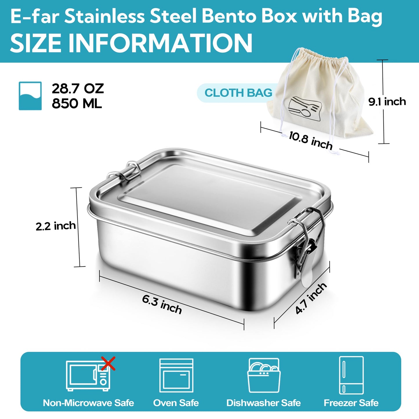 E-far Stainless Steel Bento Box, 28oz Metal Lunch Bento Box w/Leak Proof Lid, 850ml Small Food Container w/Removable Divider & Bag, Reusable 3-Compartment Bento Lunch Container for Camping Picnic