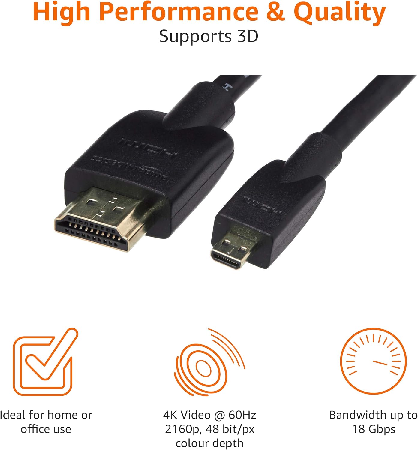 18Gbps 4K@60Hz, 2160p, 48-Bit 6 Amazon Basics Micro HDMI to HDMI Cable, High-Speed, Color, Ethernet Ready, Foot, Black