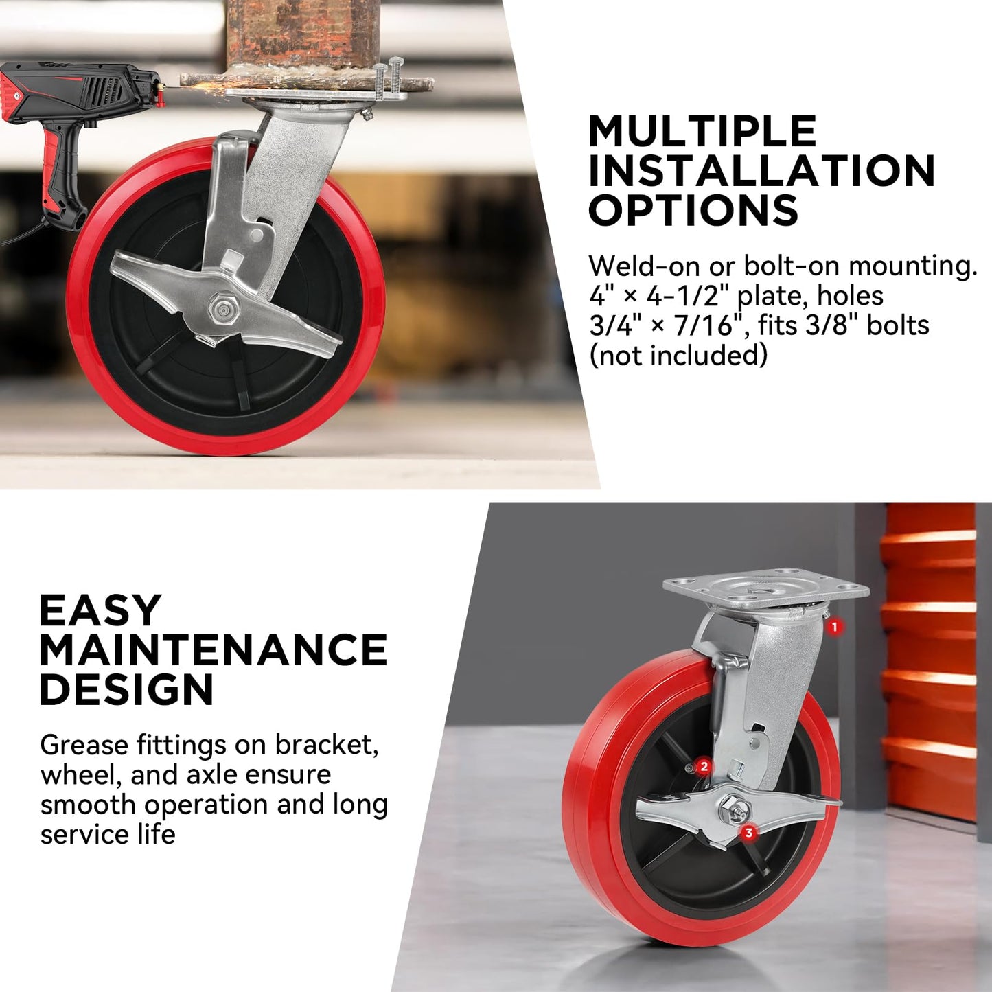 8 Inch Heavy Duty Polyurethane Casters Set of 4 (2 Brake + 2 Rigid), 8x2 Industrial Casters for Heavy-Duty Carts, Equipment Bases, Rated Load 4400 lbs Total, Locking & Straight-Line Control