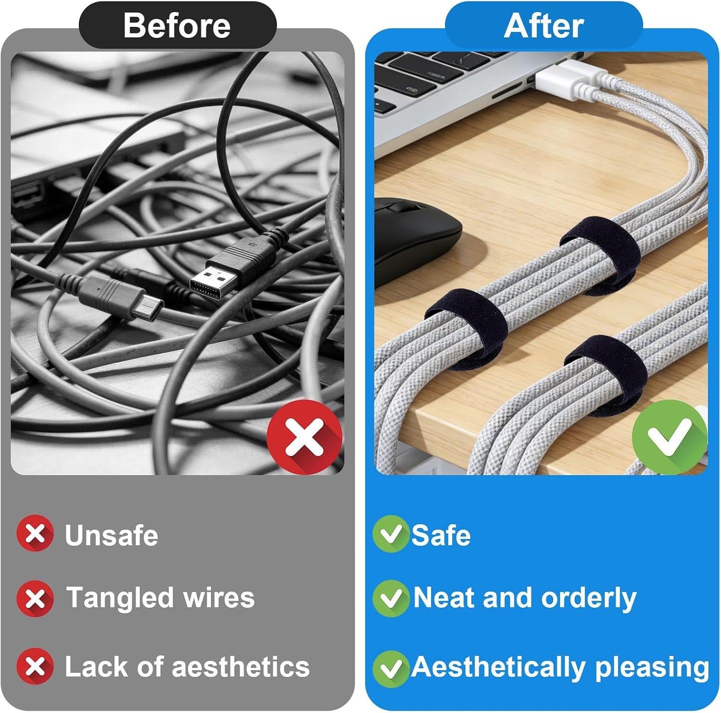 50 XANGNIER Pair Cable Management Under Desk,Adjustable Hook and Loop Cable Ties,Self Adhesive Cord Organizer,Reusable