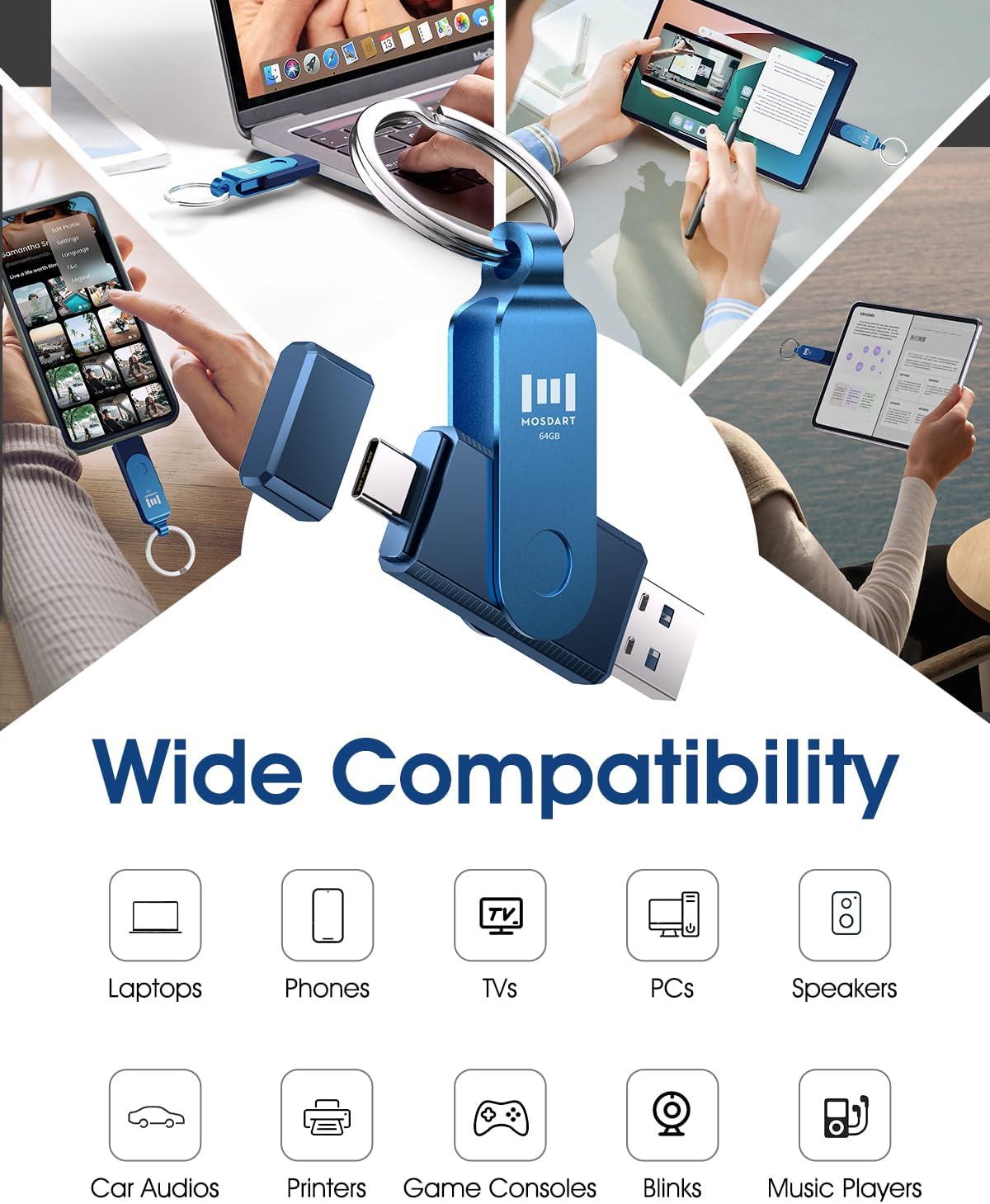 mosDART 64GB 3.2 150MB/S 15,16, 17, Dual USB C Flash Drive, Speed Up to Type C Thumb Drive with Keychain, for iPhone