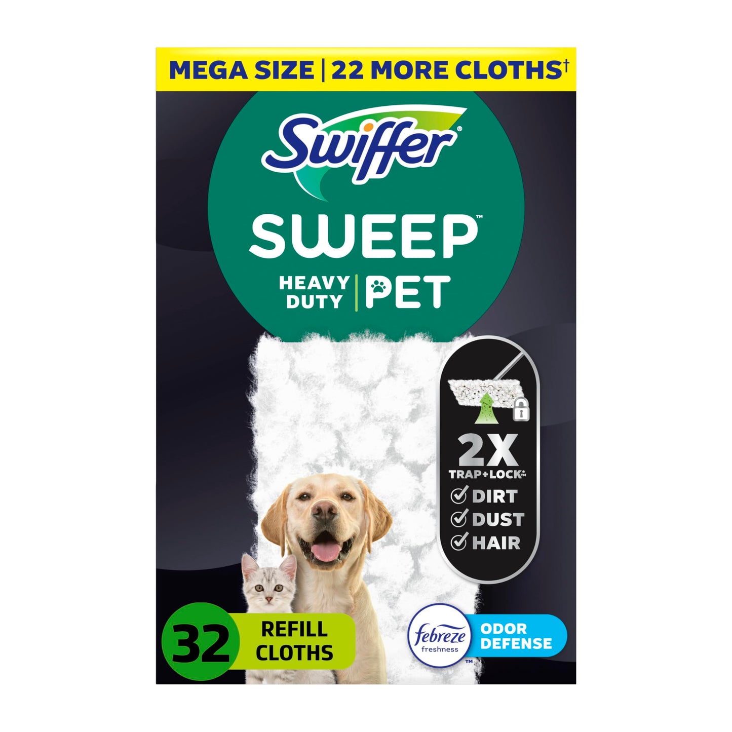 Sweep + Mop, Dry Pads Refill, Floor Cleaner for Dirt, Dust, Hair, Cleaning Cloths for Mopping Home, Bathroom, Kitchen, All Purpose Multi-Surface Floor Wipes, Heavy Duty, Pet, 32 Count