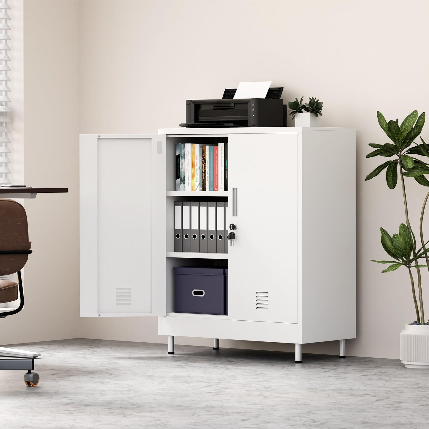 JINGUR Metal Storage Cabinet with Locking Doors and 2 Adjustable Shelves, Lockable Storage Cabinet for Home Office Garage Pantry Living Room (White)