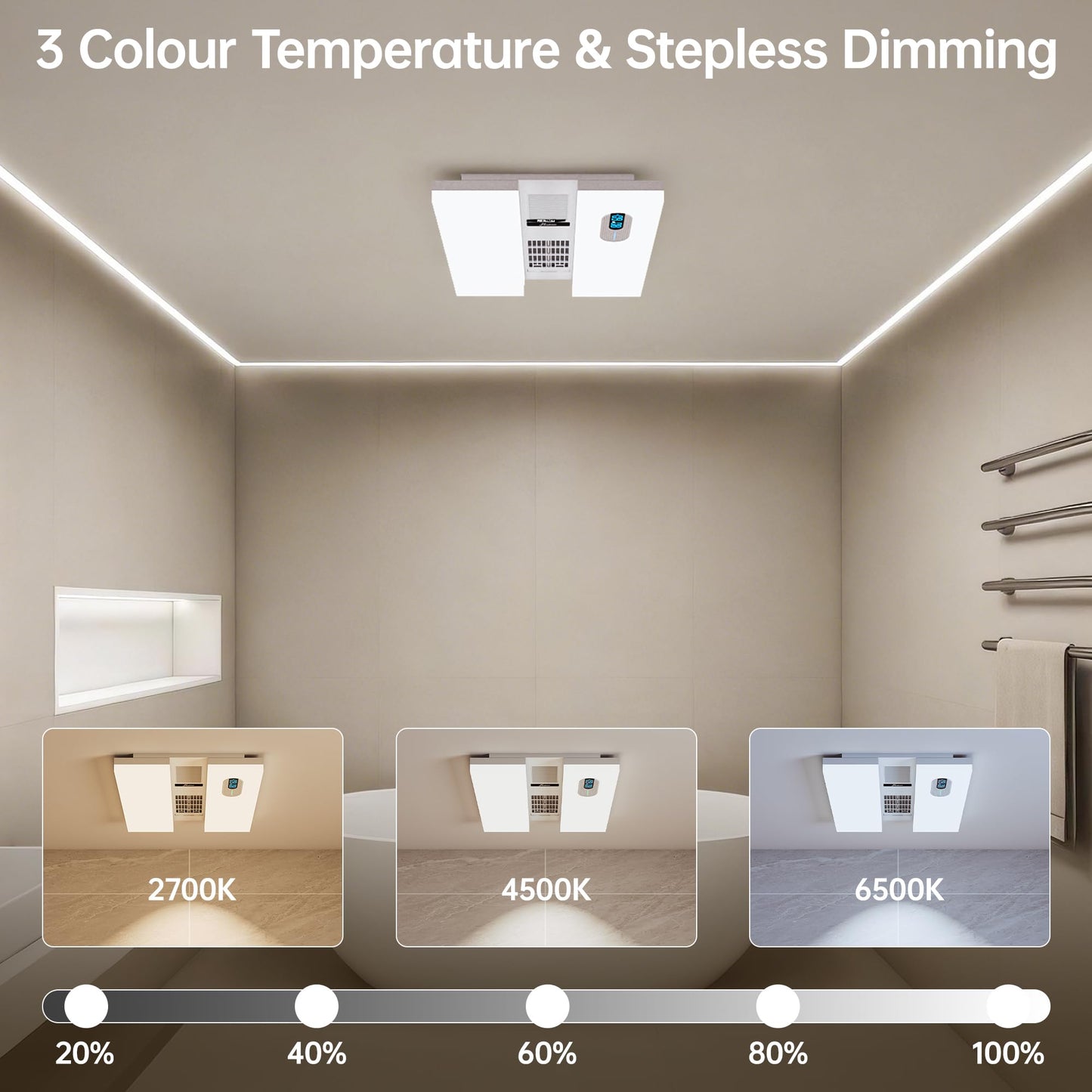 RexTact Exhaust Fan with Heater & Light, Bluetooth Speaker, 230 CFM Quiet Ventilation Fan with Humidity & Odor Sensor, 3 Dynamic RGB Lighting, Remote App Control Easy Install (White)