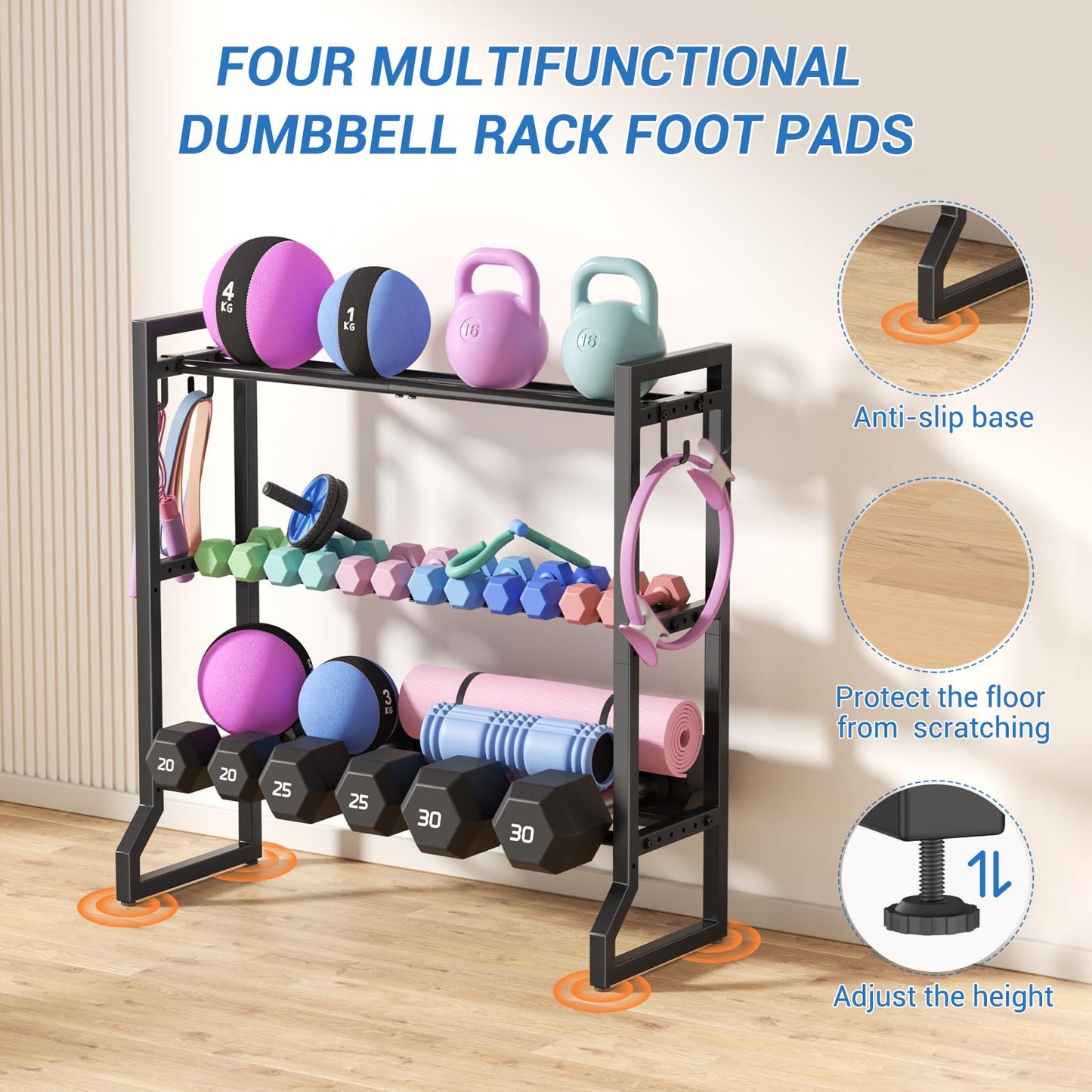 VOPEAK 3-Tier Adjustable Dumbbell Rack, 31-Inch Weight Rack for Home Gym with 4 Hooks, Home Gym Storage for Kettlebells, Space-Saving Dumbbell Stand - 400LB Capacity (Rack Only)