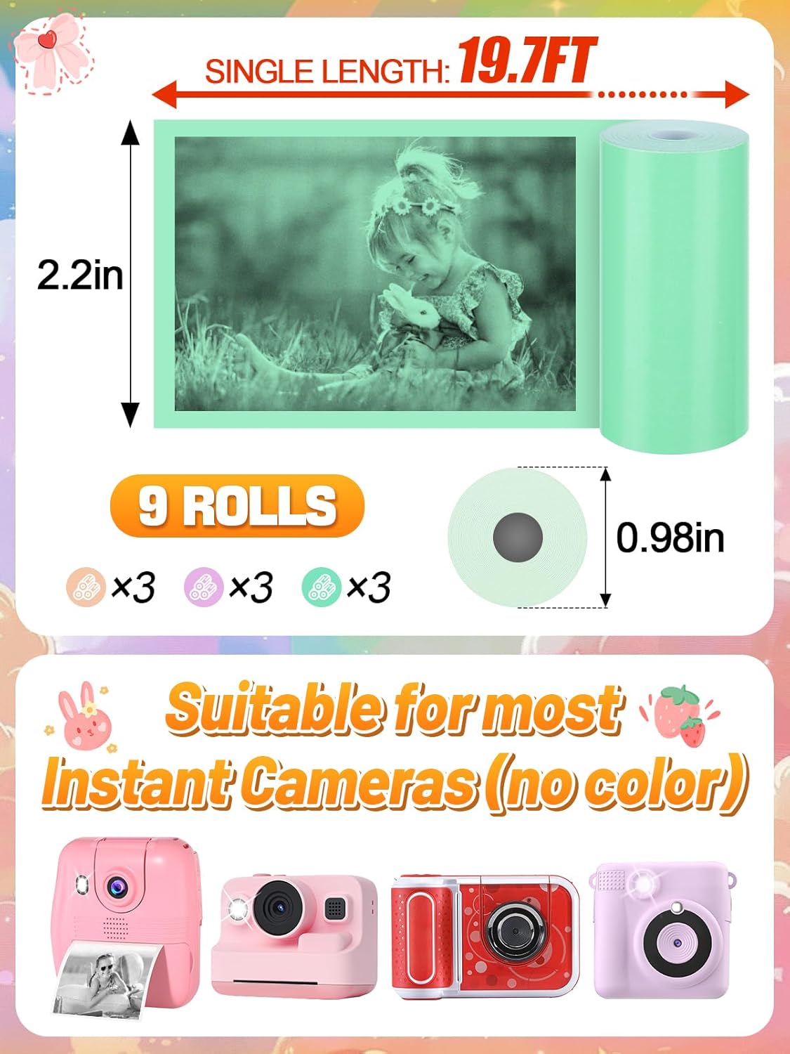 Skiennix Kids Instant Camera Print Refill Paper - Thermal Photo Printer Rolls for Ages 4-10 | Blue, Pink, Yellow