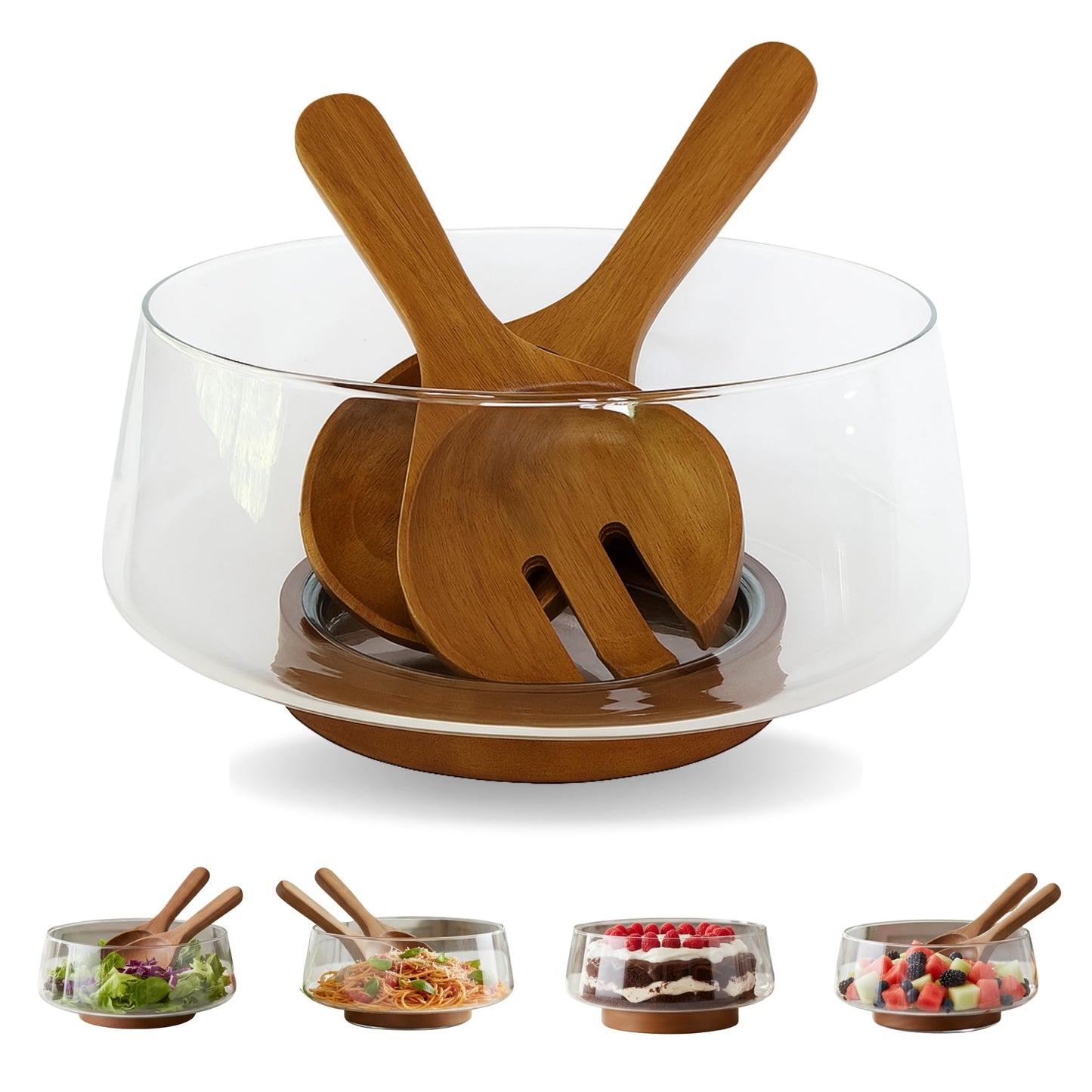 Large Glass Salad Bowl Set with Acacia Wood Base & Salad Servers – Elegant Serving Bowl for Salads, Pasta, Fruit & Snacks – Easy-Clean Modern Serveware, Perfect for Hosting & Housewarming Gifts