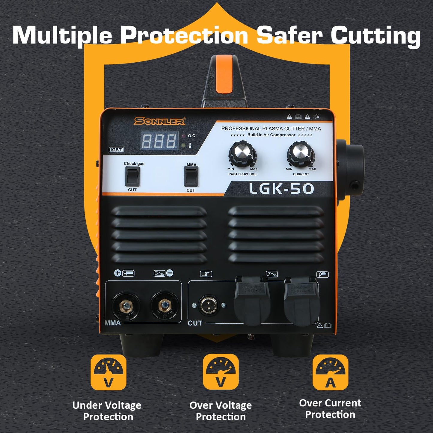 SONNLER 2 in 1 50A Plasma Cutter/MMA, 220V Digital Inverter IGBT Plasma Cutter Machine With Built-in Air Compressor, 1/3 Inch Clean Cut With Gas Delay.