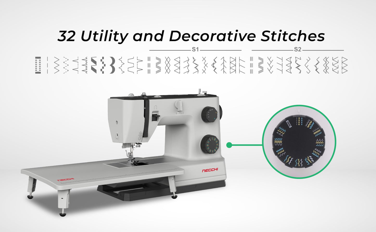 NECCHI Q132A Sewing Machine with Extension Table, Italian Designed, Stainless Steel Metal Bedplate, 32 Built-In Stitches, Accessory Kit Included.
