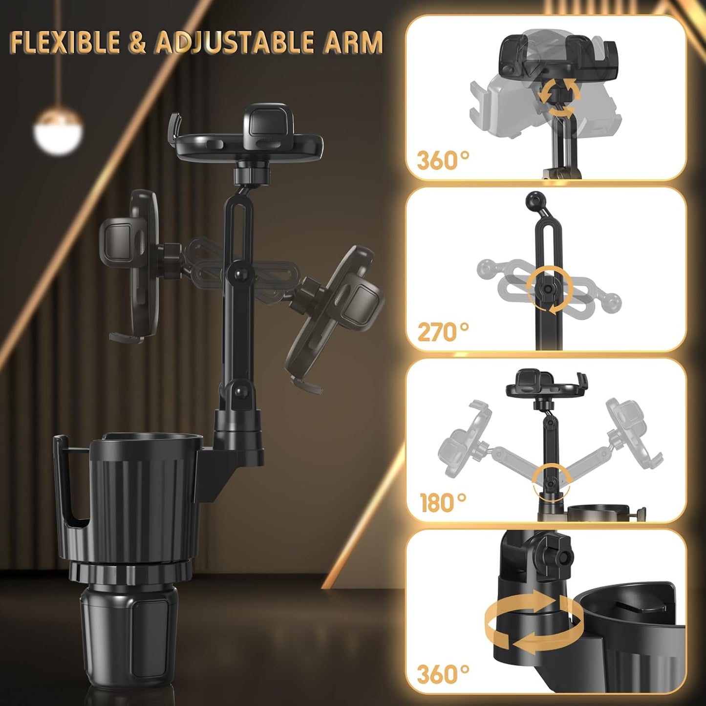 2 1 360Rotation Phone Holders for Your Car, in Universal Cup Holder Expander Adjustable Base with Phone Mount, Long Arm