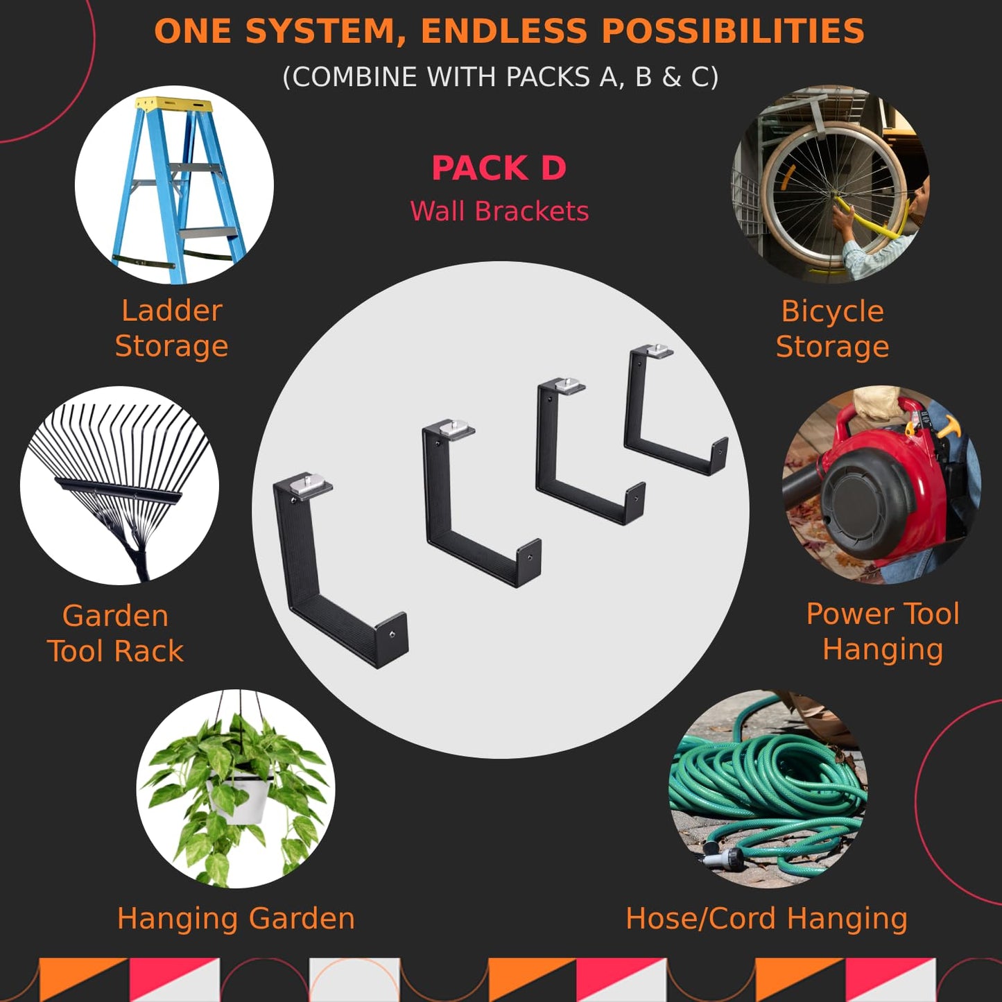 EZYRACK Pack D Hook Brackets x4 – Heavy Duty Wall Hooks, Suits Modular Systems, Holds Ladders, Bikes, Tools, 4mm Steel Construction, Garage Storage Hooks