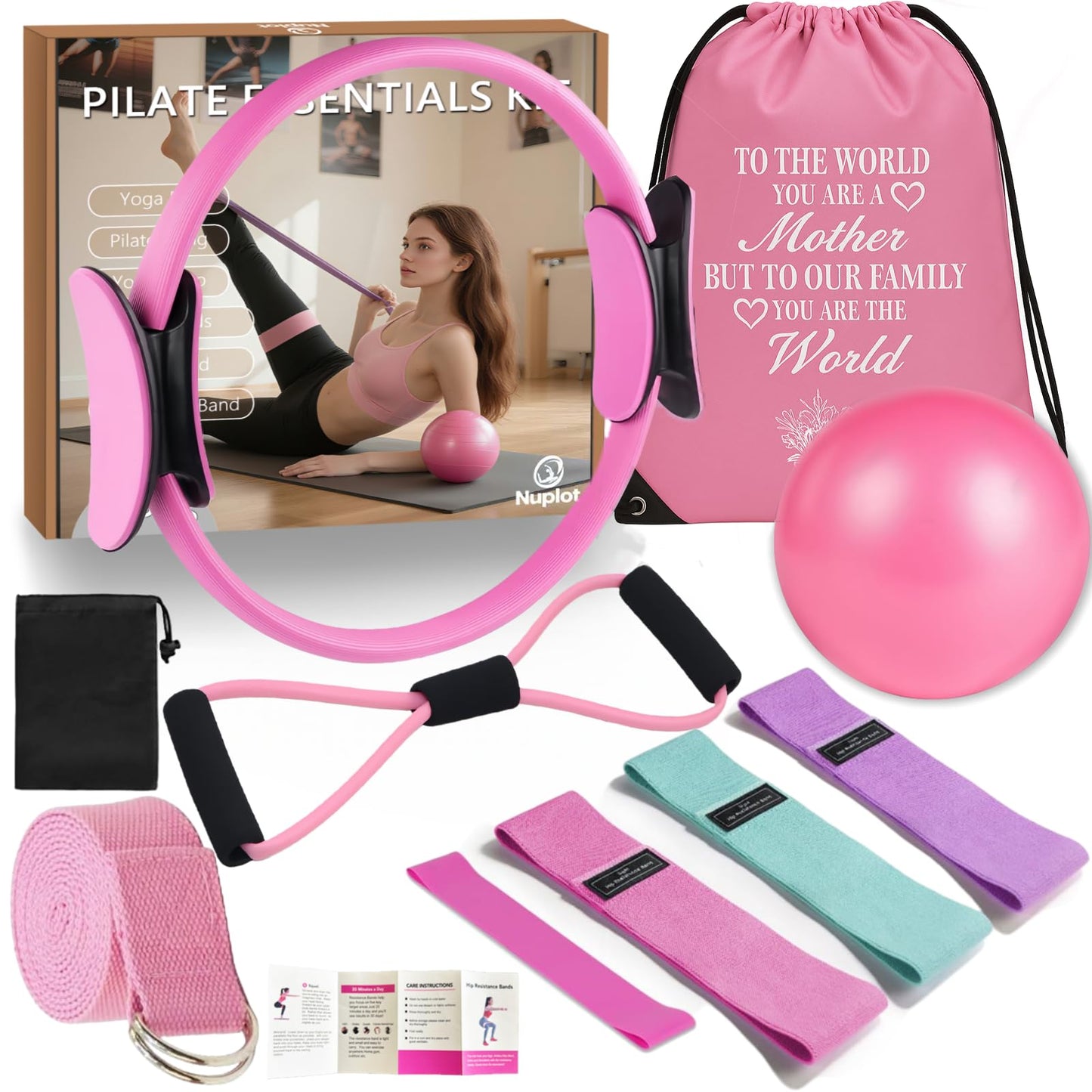 Pilates Equipment, Pilates Kit for Home Workouts, Pilates Essentials Kit for Women, Home Pilates Kit with Pilates Ring and Ball Set, Booty Bands, Figure 8 Resistance Band, Yoga Band (Pink for Mother)