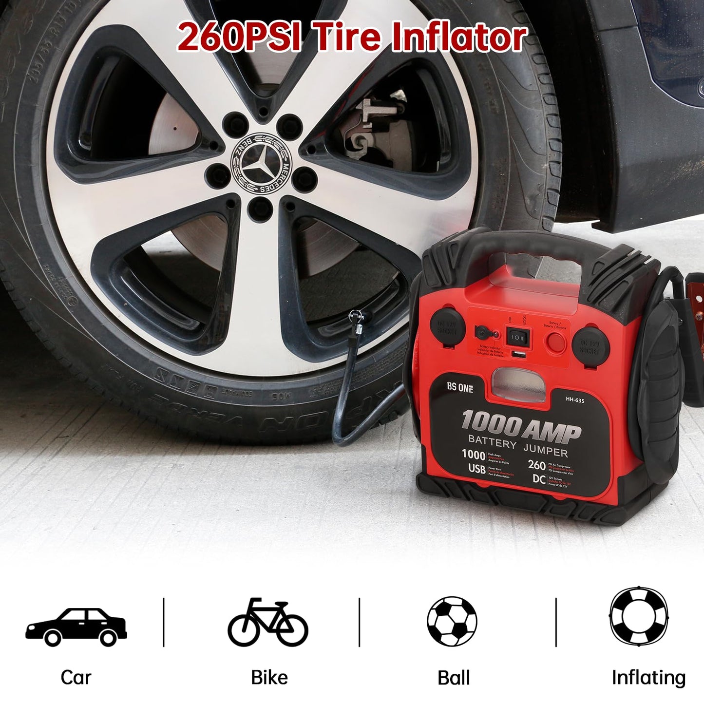 BS ONE 1000 Amp Peak Current Car Jump Stater, 12V Lead Acid Battey Jump Box with 260PSI Air Compressor, Jump Starter Battery Pack with Led Light & USB Output