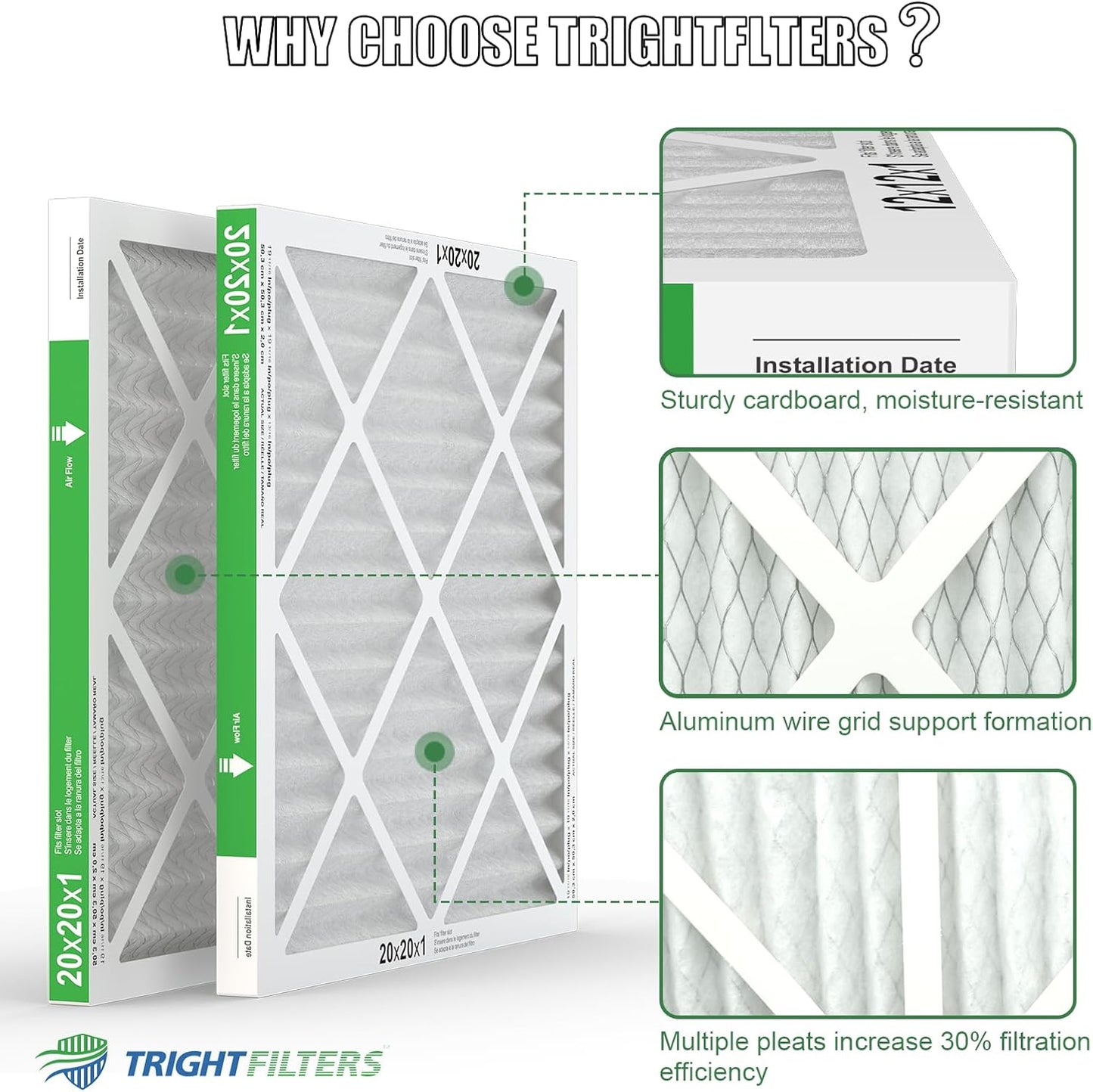 TRIGHTFILTERS 20x20x1 Air Filter - MERV 8 Pleated Dust Defense | 4-Pack Replacement for HVAC Systems