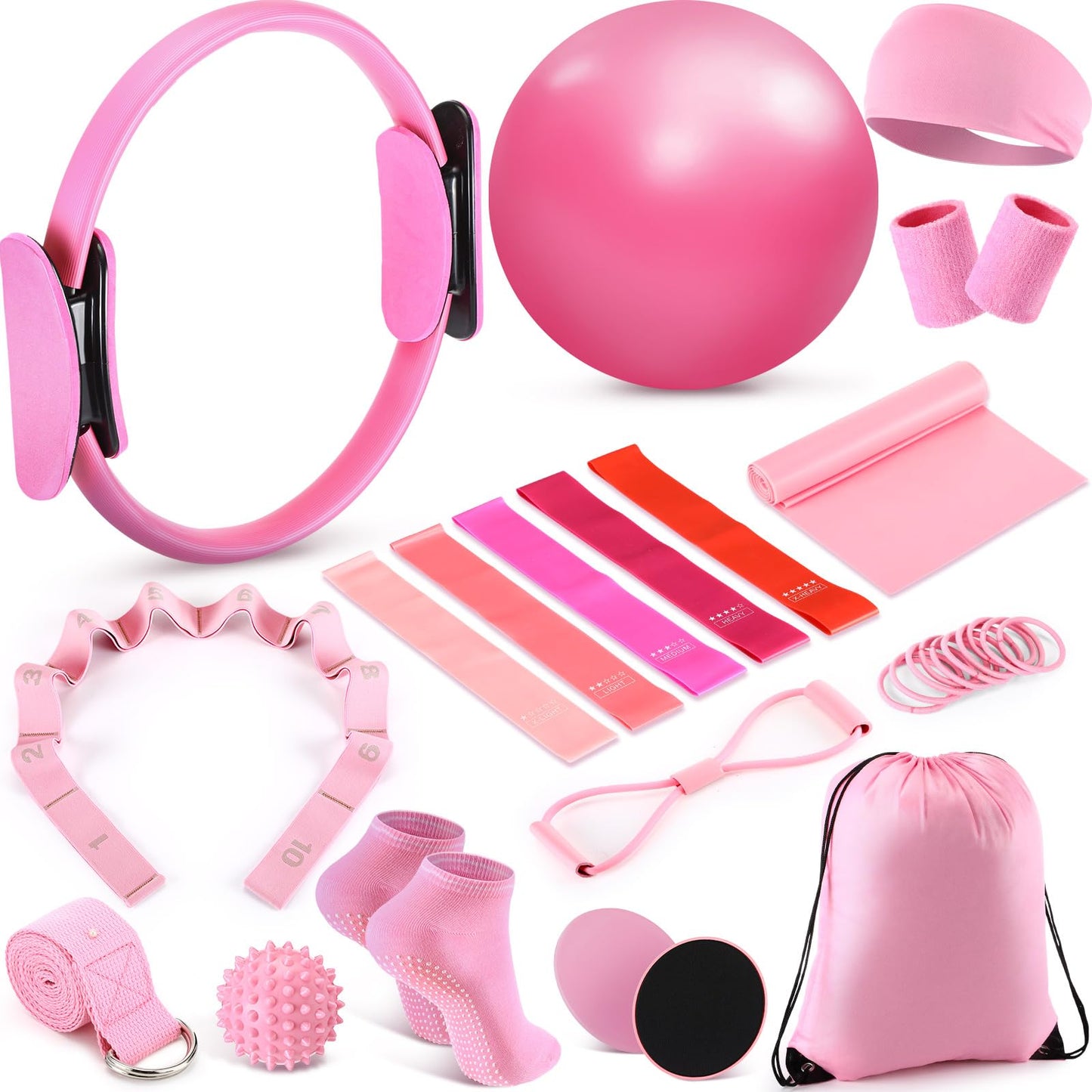 Poen 18 Pcs Home Pilates Ball and Ring Circle Set Yoga Fitness Essentials Kit with 5 Resistance Band Stretching Strap Non Slip Sock Ball Core Slider Wristband Headband Gym Bag for Women(Pink)